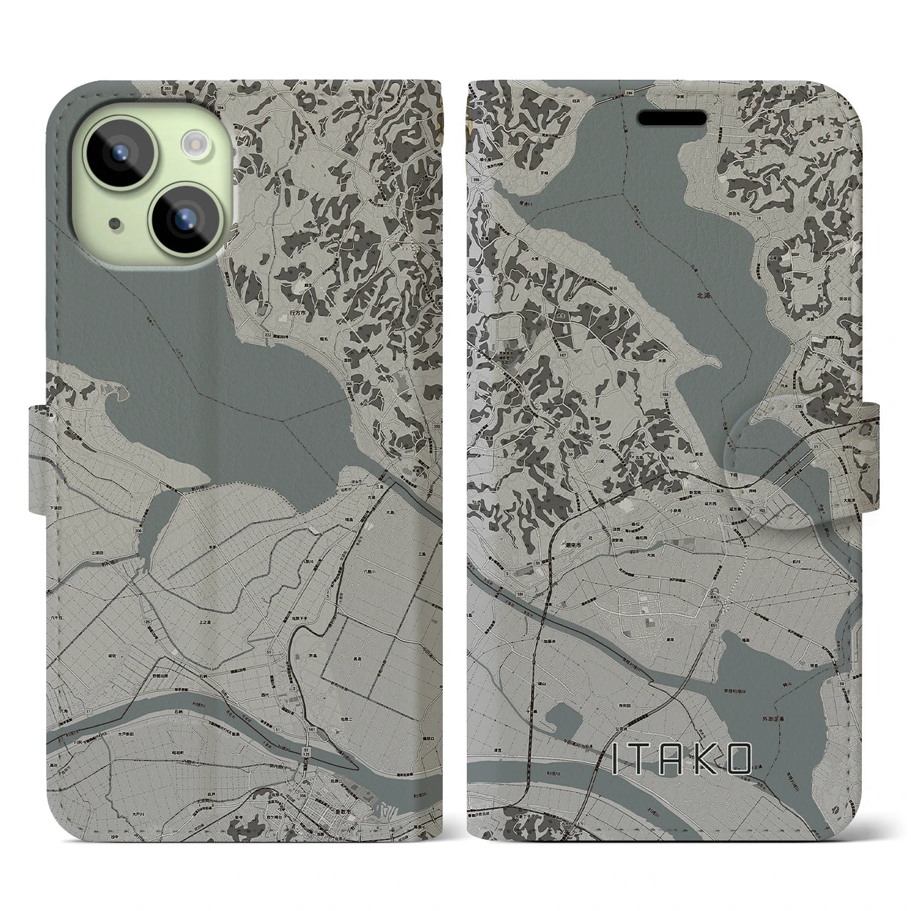 【潮来(茨城県)】地図柄iPhoneケース(手帳タイプ)モノトーン・iPhone 15 用