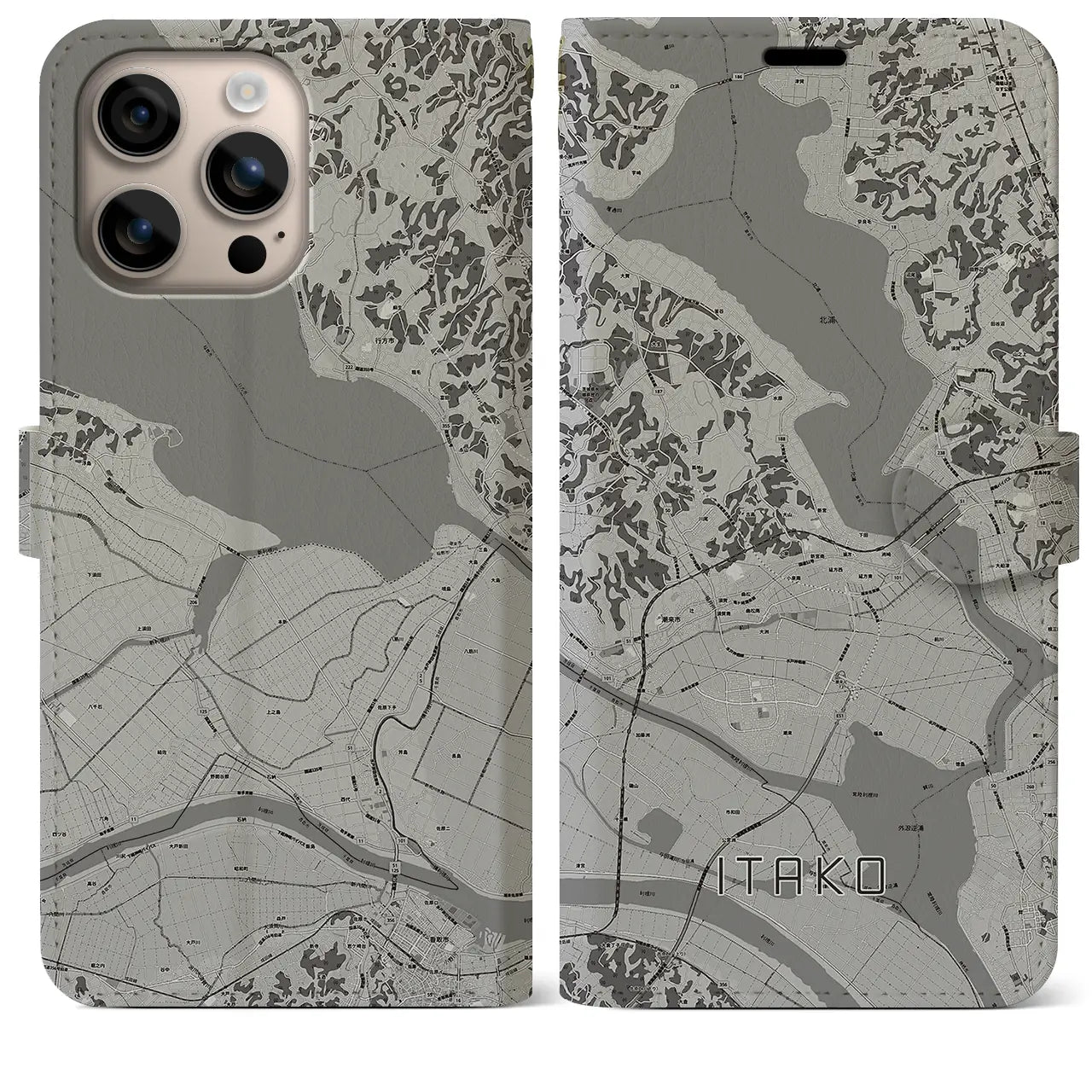 【潮来(茨城県)】地図柄iPhoneケース(手帳タイプ)モノトーン・iPhone 16 Plus 用