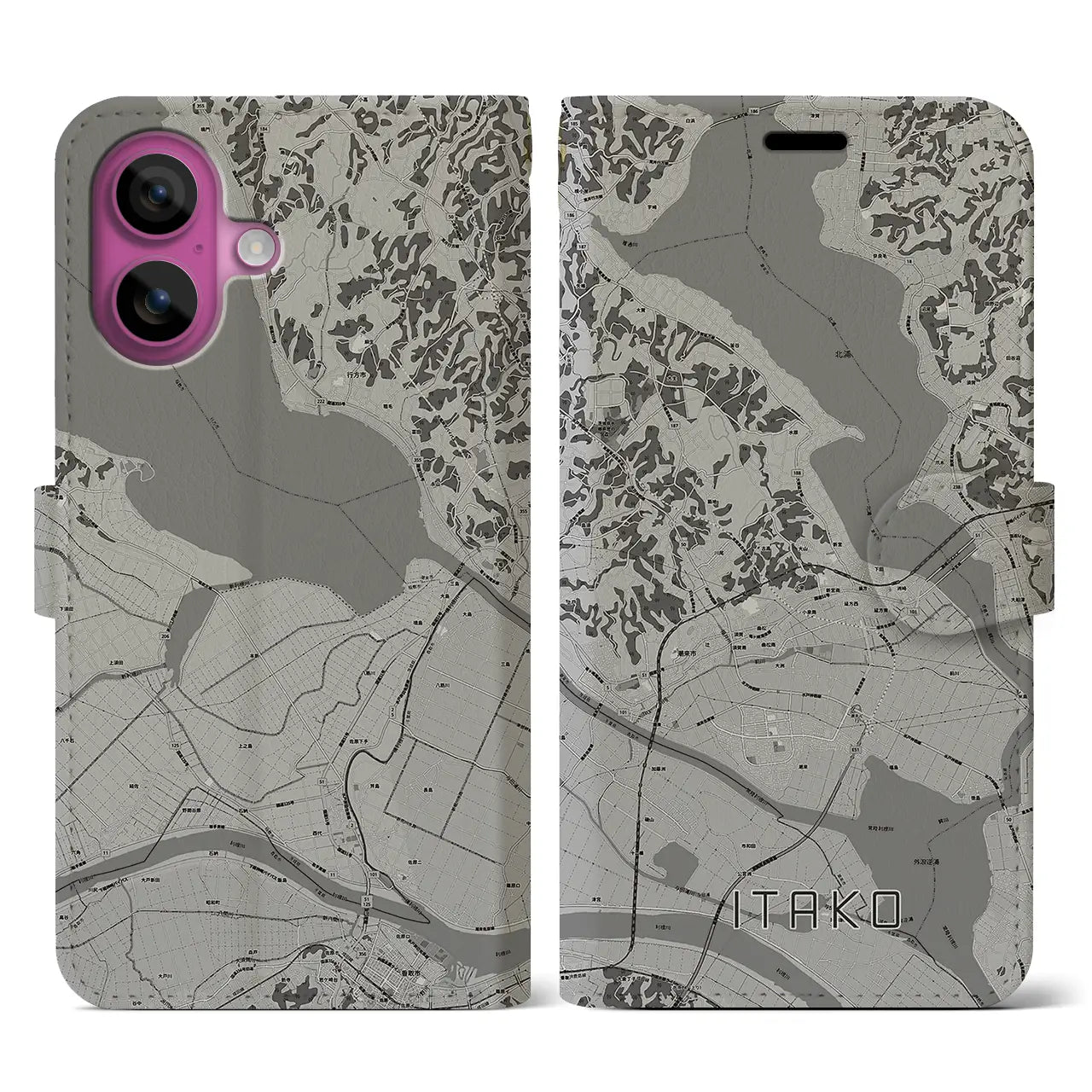 【潮来(茨城県)】地図柄iPhoneケース(手帳タイプ)モノトーン・iPhone 16 Pro 用