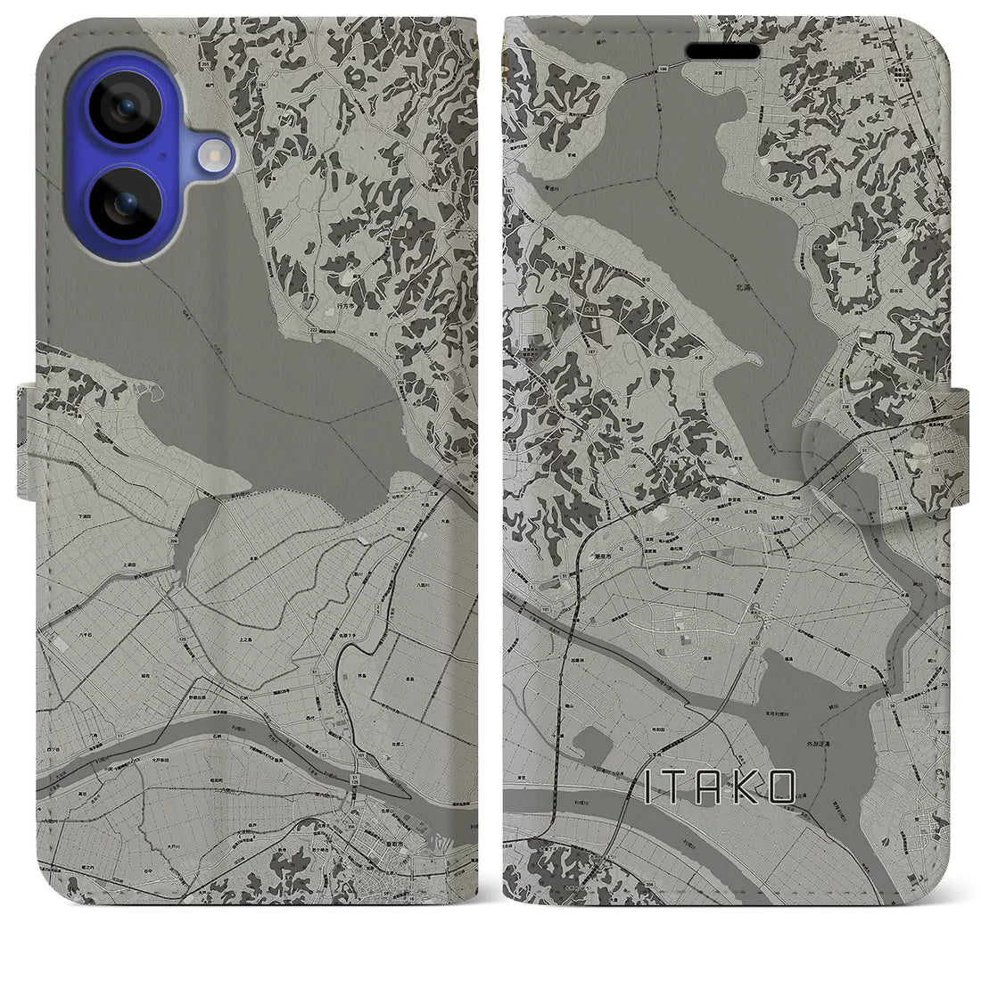 【潮来(茨城県)】地図柄iPhoneケース(手帳タイプ)モノトーン・iPhone 16 Pro Max 用