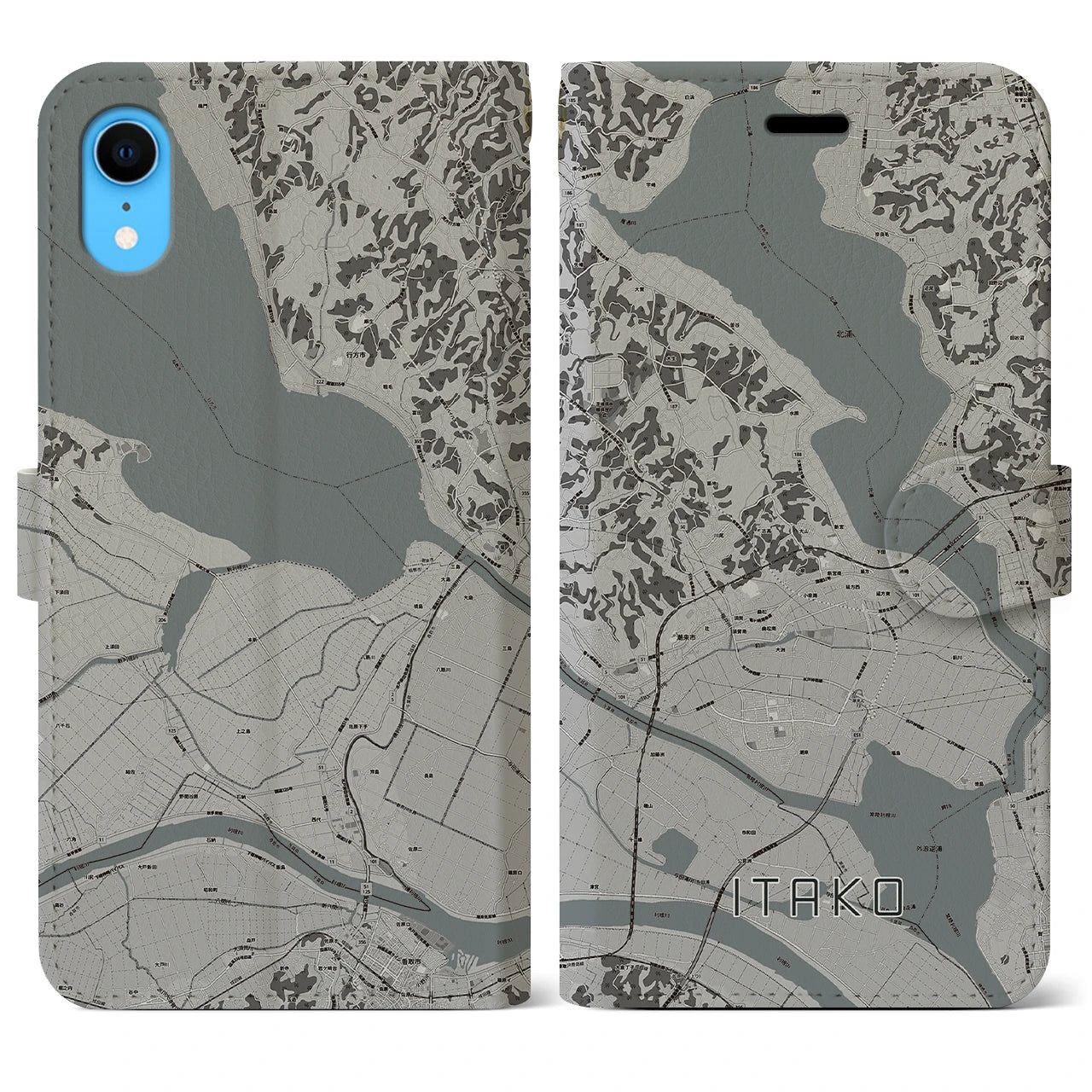 【潮来(茨城県)】地図柄iPhoneケース(手帳タイプ)モノトーン・iPhone XR 用