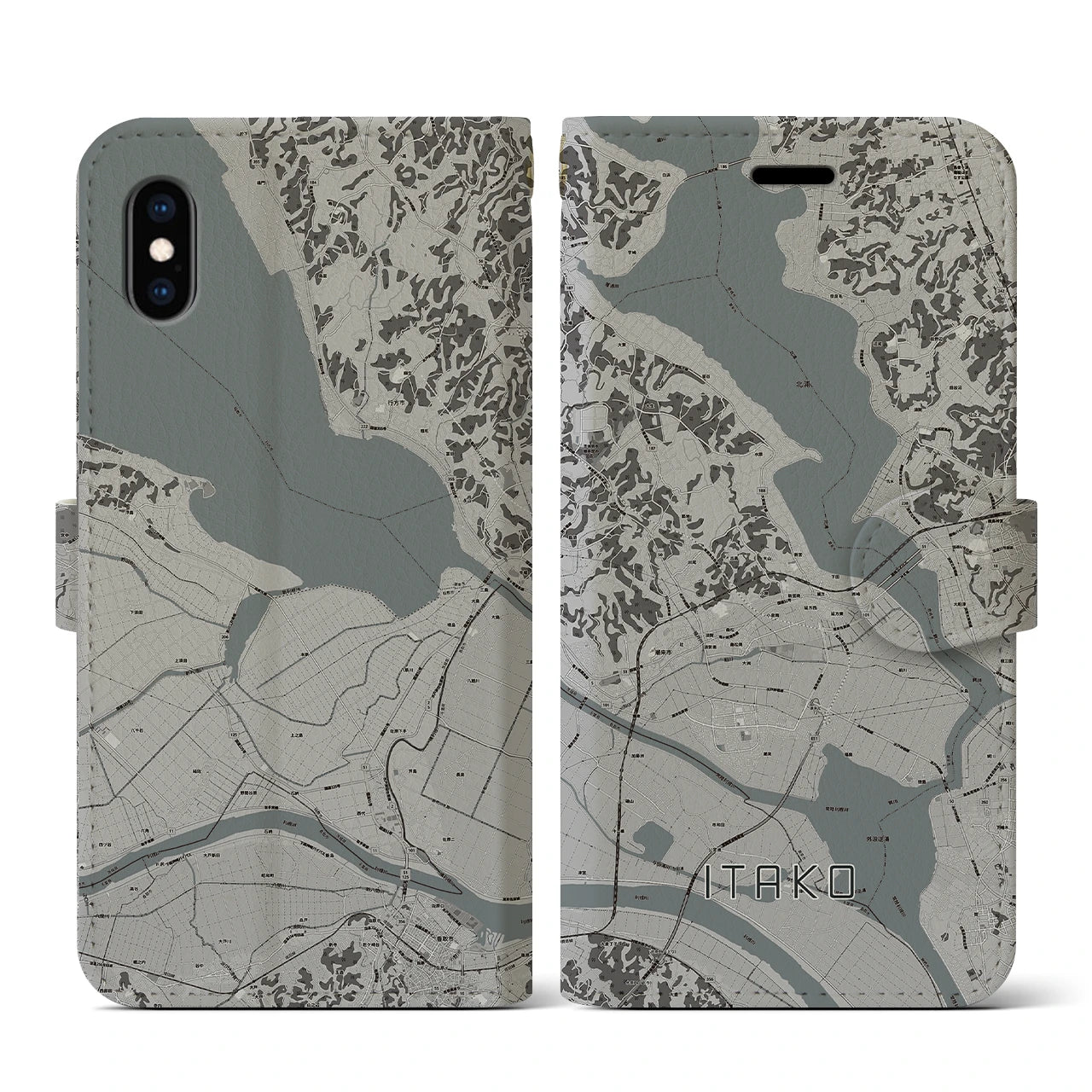 【潮来(茨城県)】地図柄iPhoneケース(手帳タイプ)モノトーン・iPhone XS / X 用