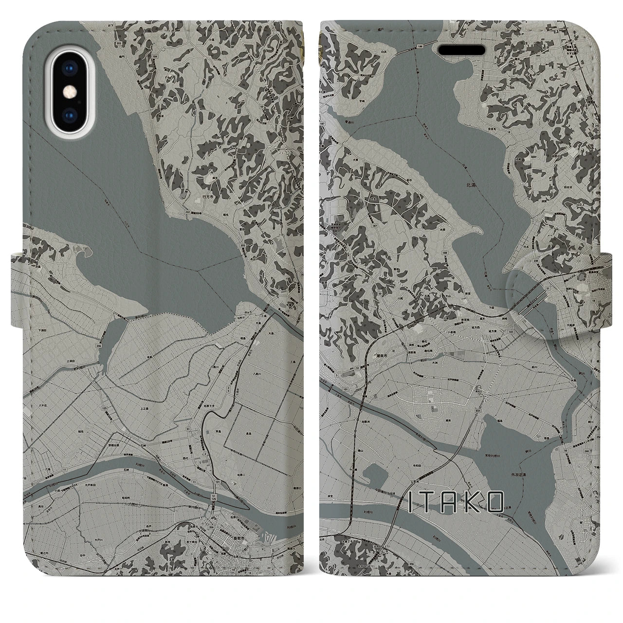 【潮来(茨城県)】地図柄iPhoneケース(手帳タイプ)モノトーン・iPhone XS Max 用