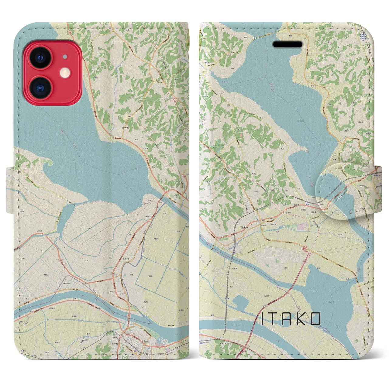 【潮来(茨城県)】地図柄iPhoneケース(手帳タイプ)ナチュラル・iPhone 11 用
