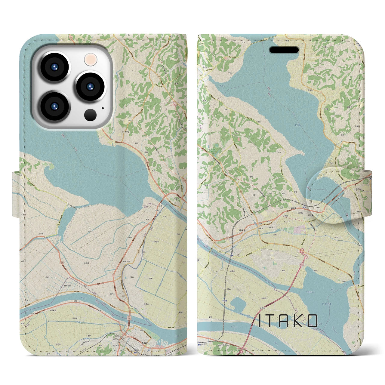 【潮来(茨城県)】地図柄iPhoneケース(手帳タイプ)ナチュラル・iPhone 13 Pro 用