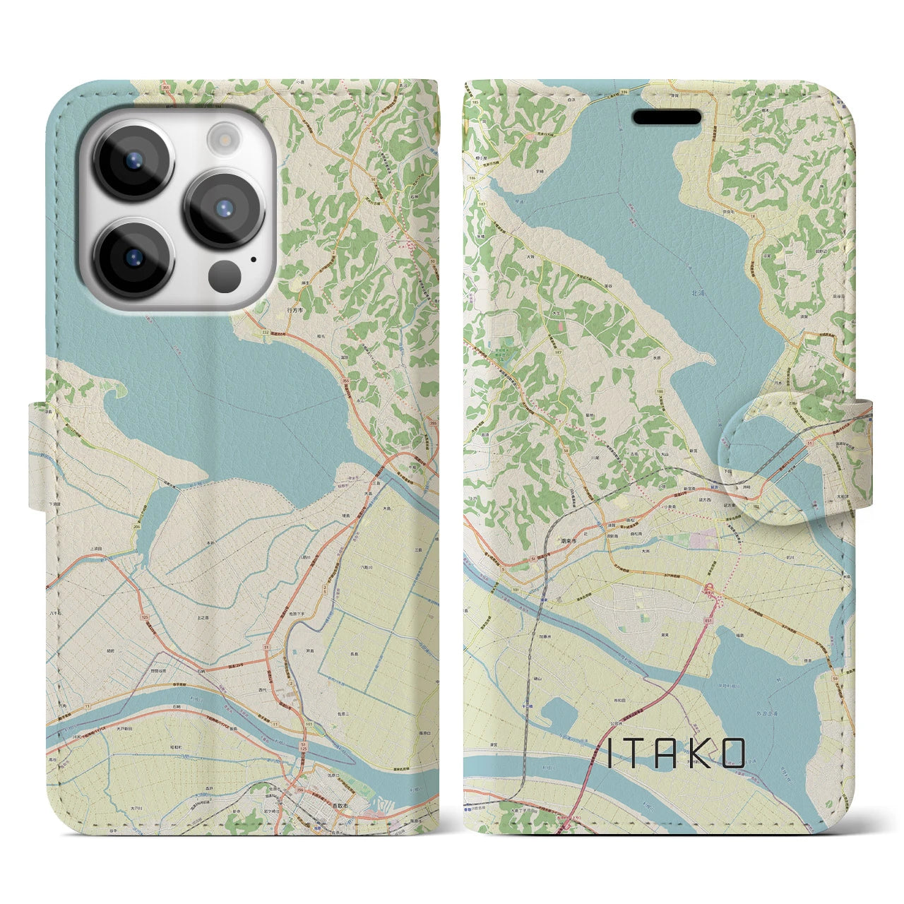 【潮来(茨城県)】地図柄iPhoneケース(手帳タイプ)ナチュラル・iPhone 14 Pro 用