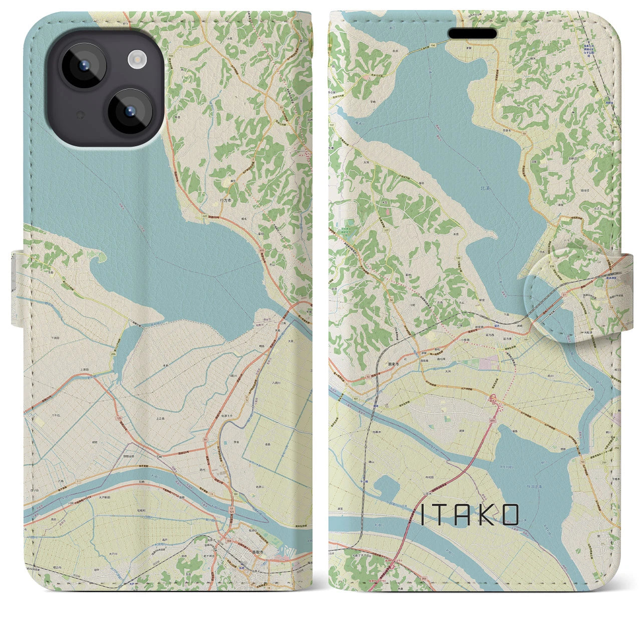 【潮来(茨城県)】地図柄iPhoneケース(手帳タイプ)ナチュラル・iPhone 14 Plus 用