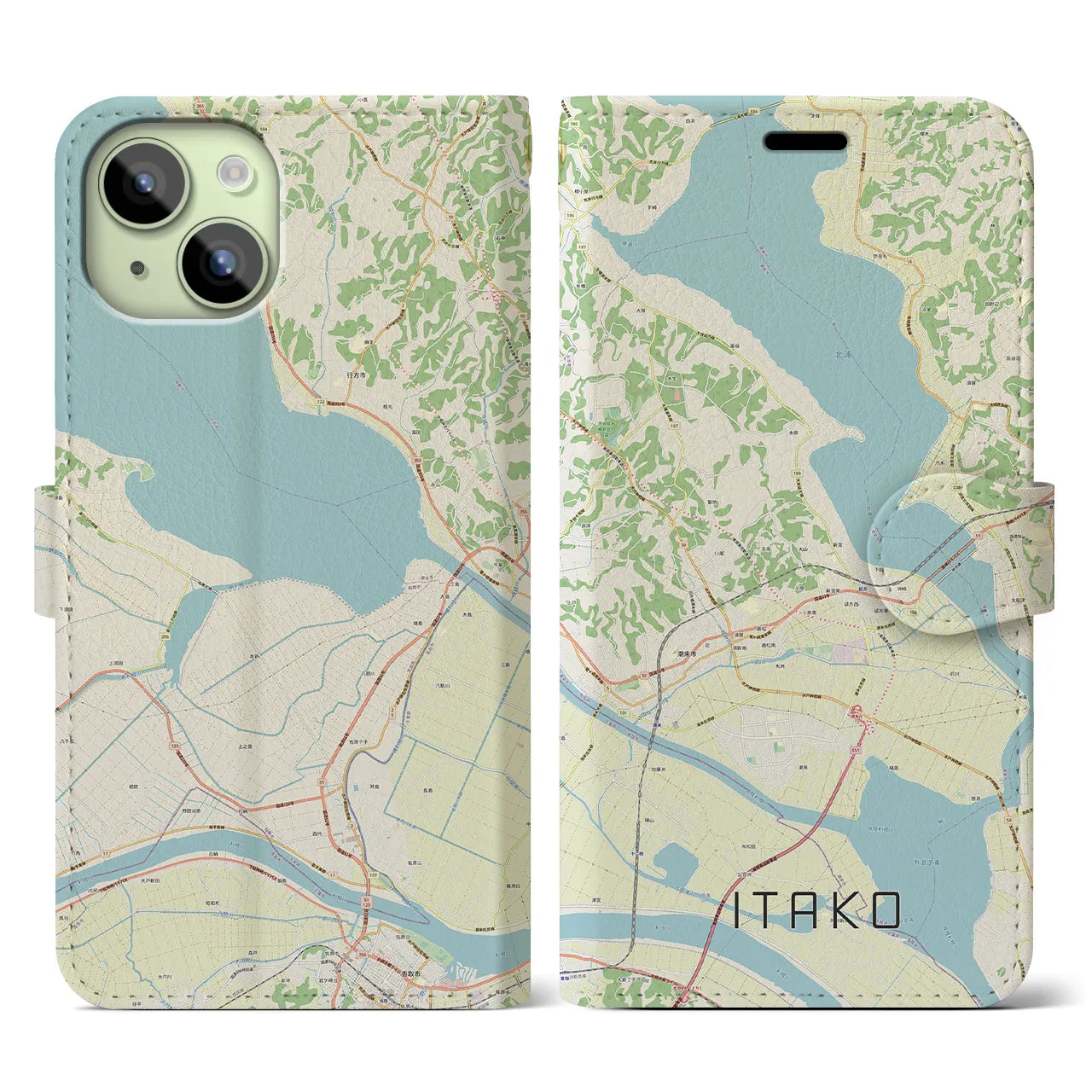 【潮来(茨城県)】地図柄iPhoneケース(手帳タイプ)ナチュラル・iPhone 15 用