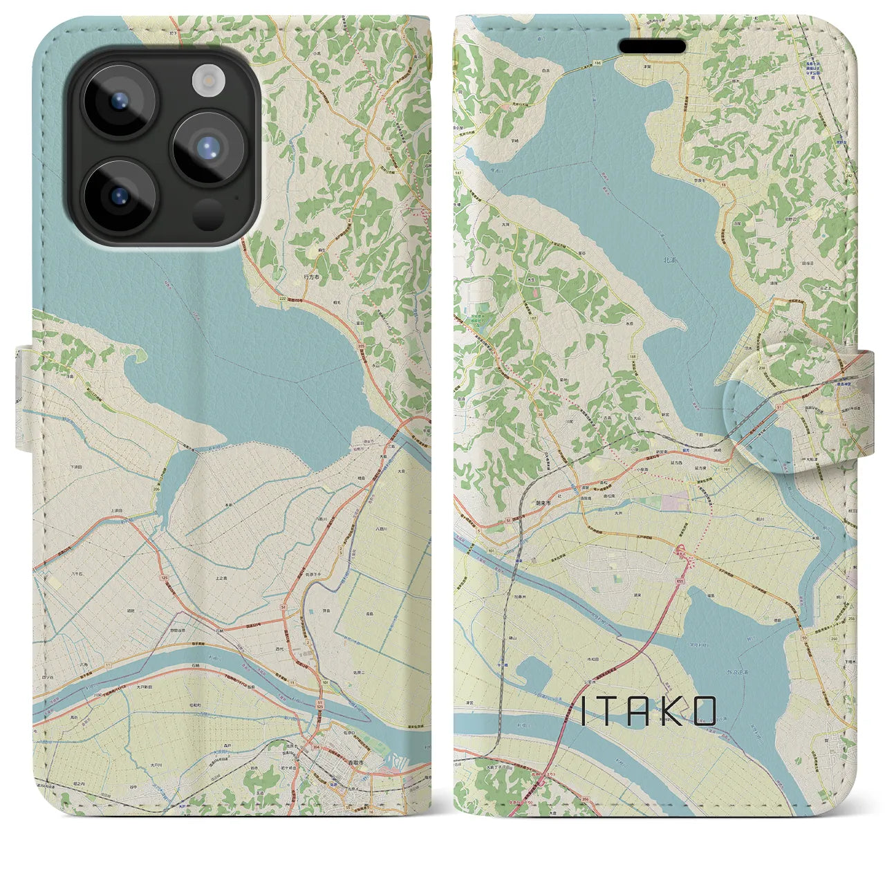 【潮来(茨城県)】地図柄iPhoneケース(手帳タイプ)ナチュラル・iPhone 15 Pro Max 用