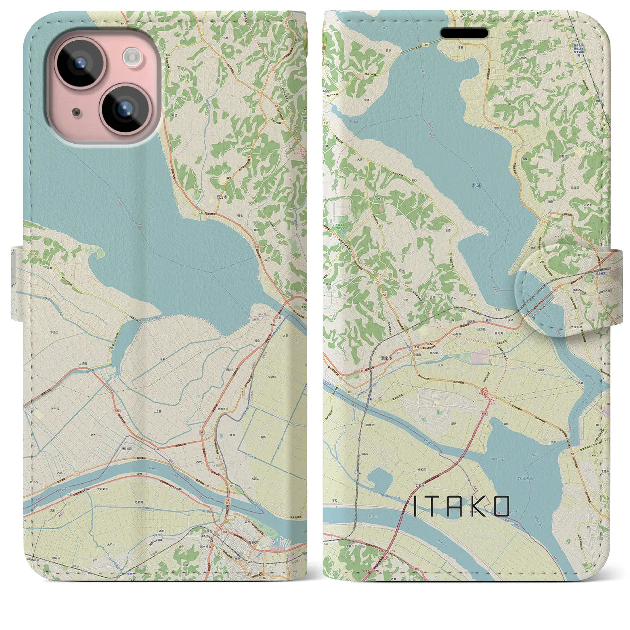 【潮来(茨城県)】地図柄iPhoneケース(手帳タイプ)ナチュラル・iPhone 15 Plus 用