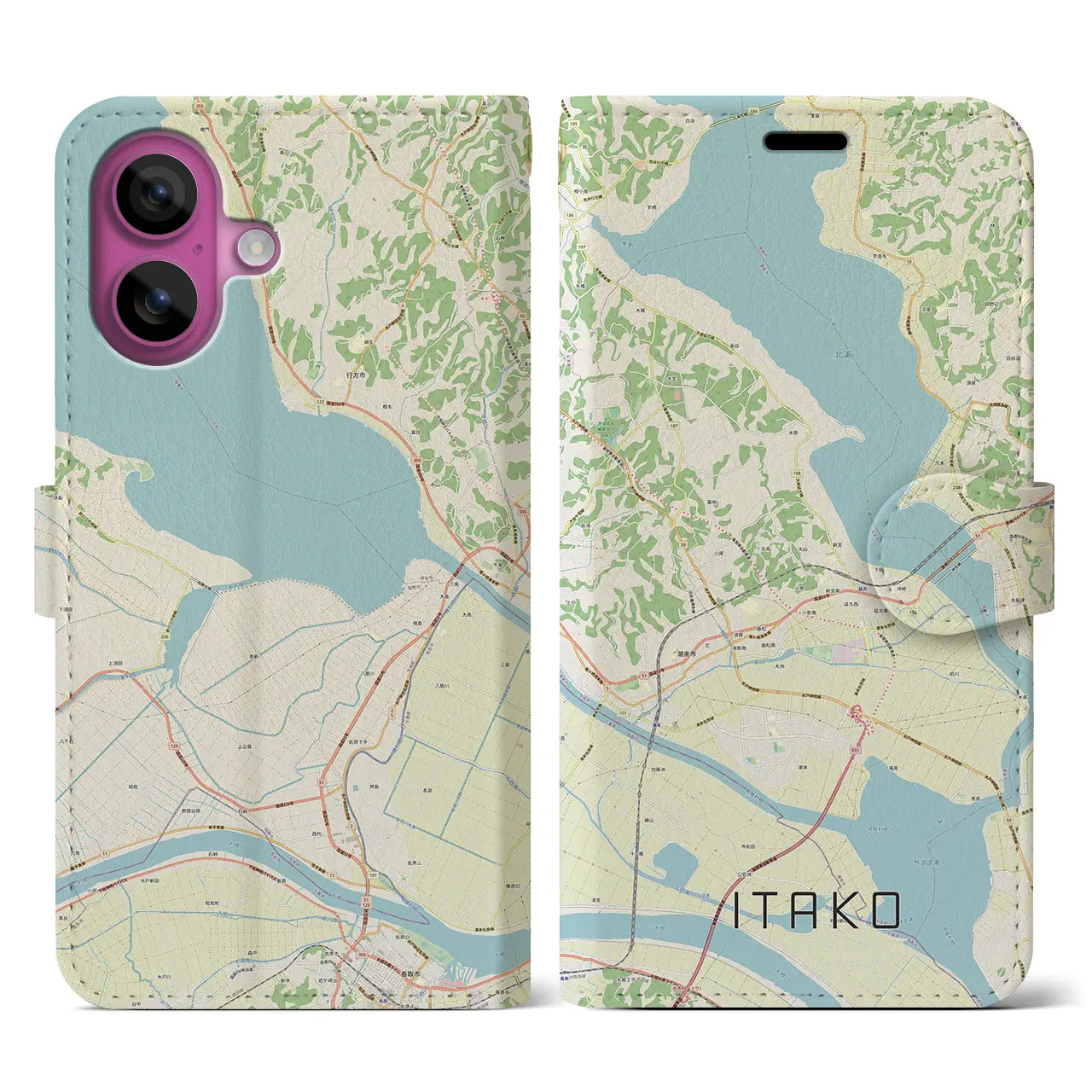 【潮来(茨城県)】地図柄iPhoneケース(手帳タイプ)ナチュラル・iPhone 16 Pro 用