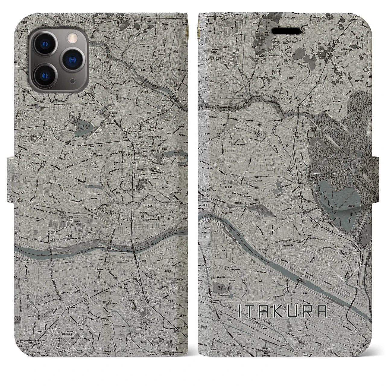 【板倉(群馬県)】地図柄iPhoneケース(手帳タイプ)モノトーン・iPhone 11 Pro Max 用