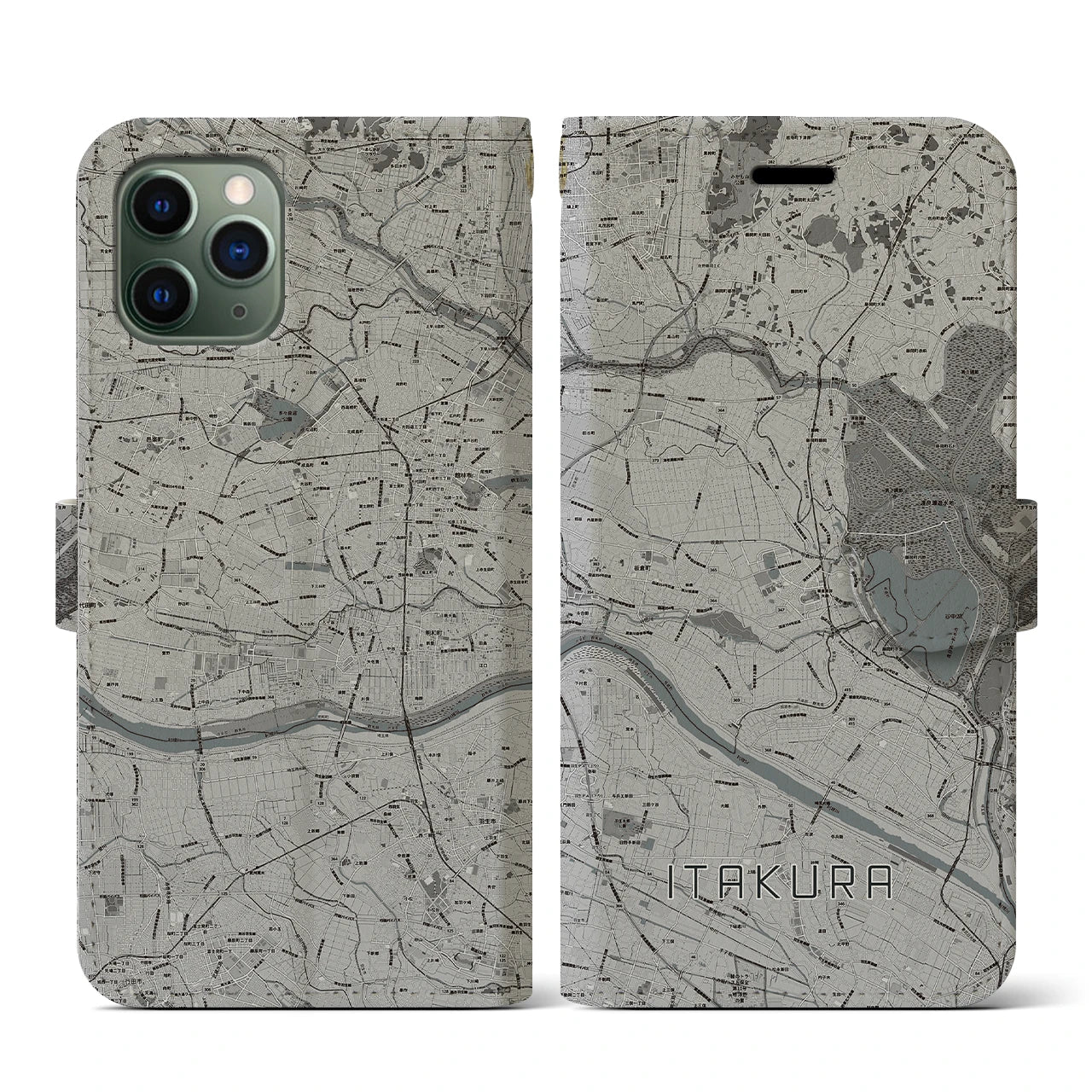 【板倉(群馬県)】地図柄iPhoneケース(手帳タイプ)モノトーン・iPhone 11 Pro 用