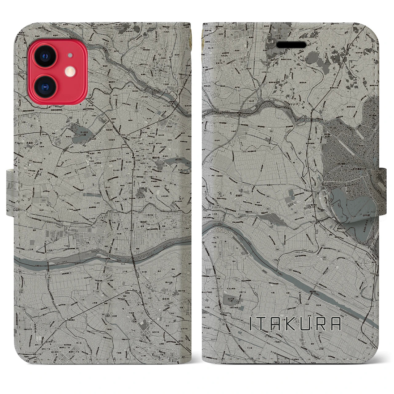 【板倉(群馬県)】地図柄iPhoneケース(手帳タイプ)モノトーン・iPhone 11 用