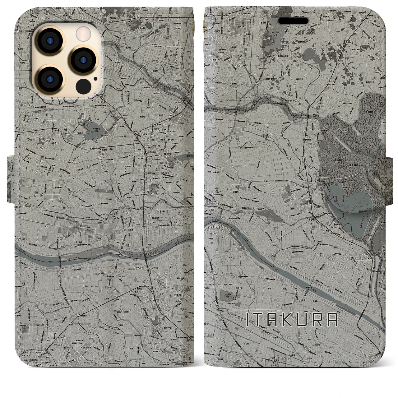 【板倉(群馬県)】地図柄iPhoneケース(手帳タイプ)モノトーン・iPhone 12 Pro Max 用