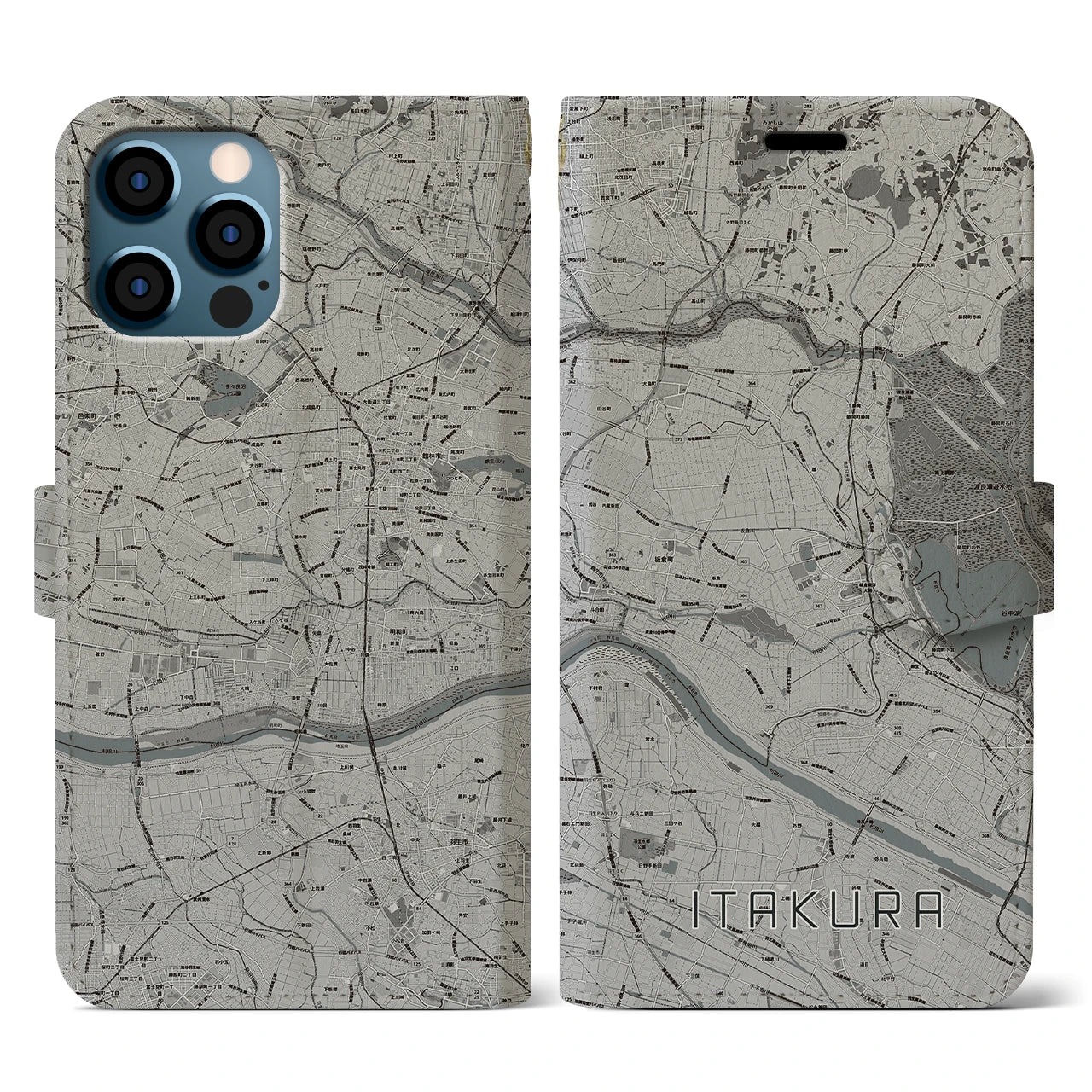 【板倉(群馬県)】地図柄iPhoneケース(手帳タイプ)モノトーン・iPhone 12 / 12 Pro 用