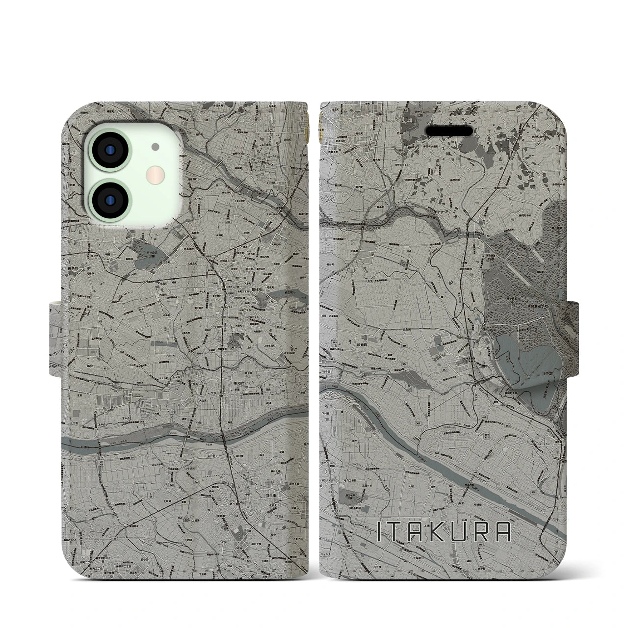 【板倉(群馬県)】地図柄iPhoneケース(手帳タイプ)モノトーン・iPhone 12 mini 用