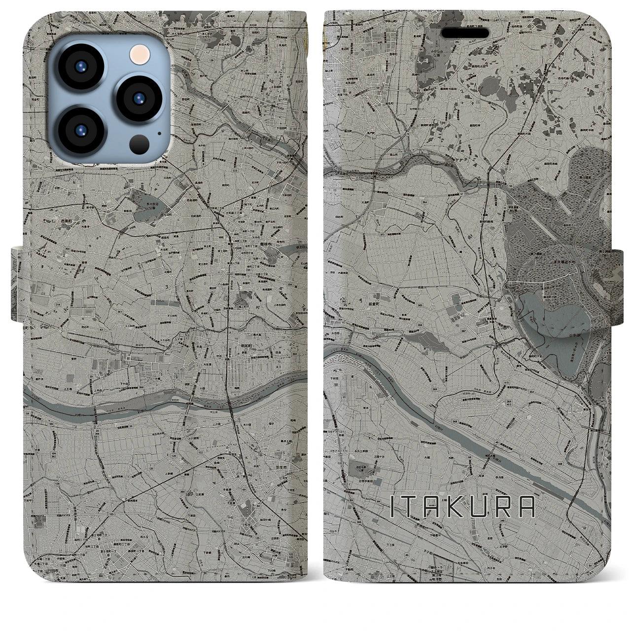 【板倉(群馬県)】地図柄iPhoneケース(手帳タイプ)モノトーン・iPhone 13 Pro Max 用