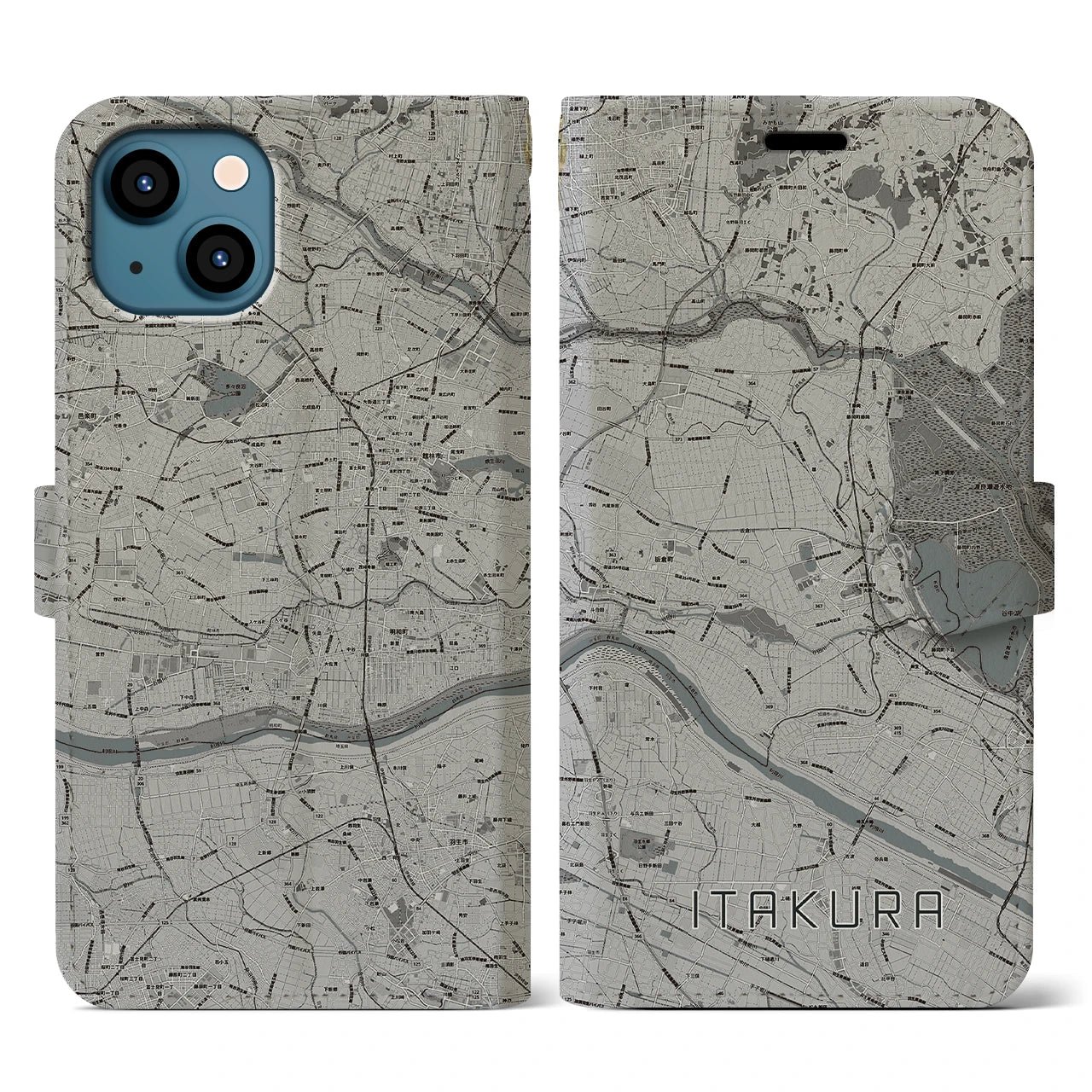 【板倉(群馬県)】地図柄iPhoneケース(手帳タイプ)モノトーン・iPhone 13 用