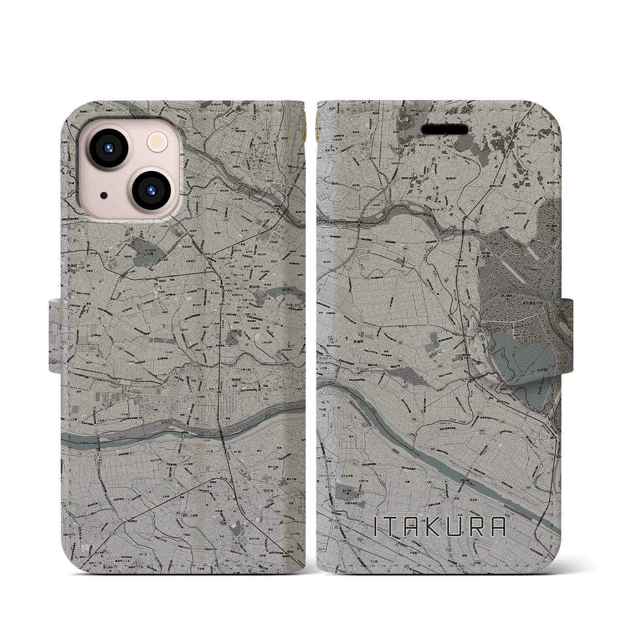 【板倉(群馬県)】地図柄iPhoneケース(手帳タイプ)モノトーン・iPhone 13 mini 用