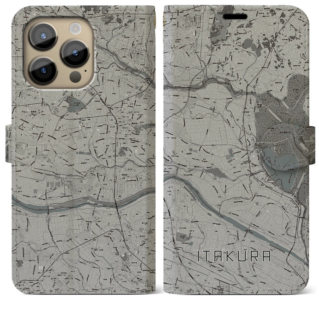 【板倉(群馬県)】地図柄iPhoneケース(手帳タイプ)モノトーン・iPhone 14 Pro Max 用
