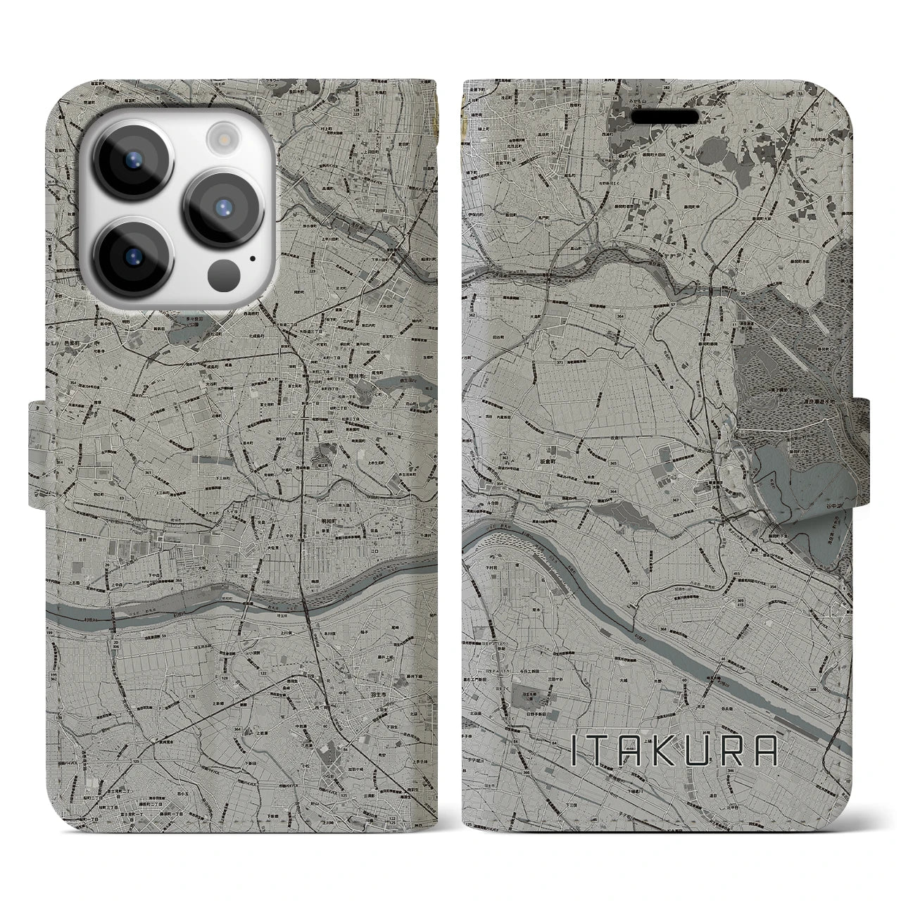 【板倉(群馬県)】地図柄iPhoneケース(手帳タイプ)モノトーン・iPhone 14 Pro 用
