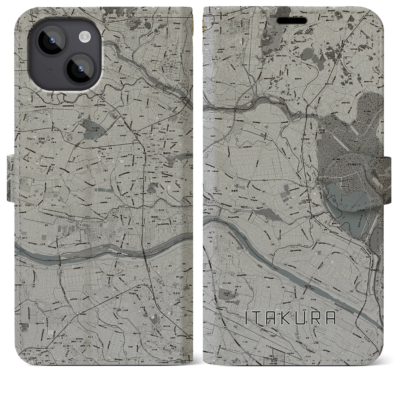【板倉(群馬県)】地図柄iPhoneケース(手帳タイプ)モノトーン・iPhone 14 Plus 用