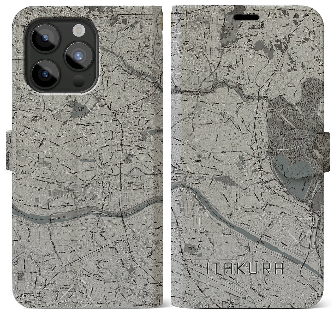 【板倉(群馬県)】地図柄iPhoneケース(手帳タイプ)モノトーン・iPhone 15 Pro Max 用