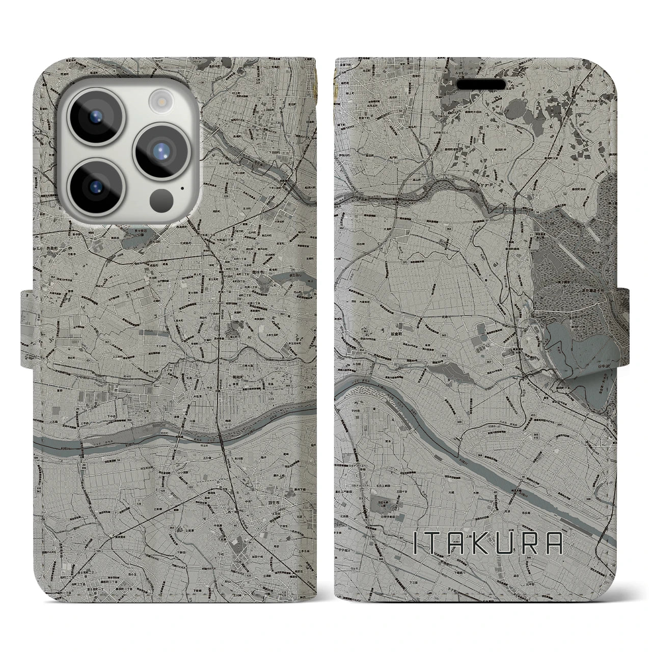 【板倉(群馬県)】地図柄iPhoneケース(手帳タイプ)モノトーン・iPhone 15 Pro 用