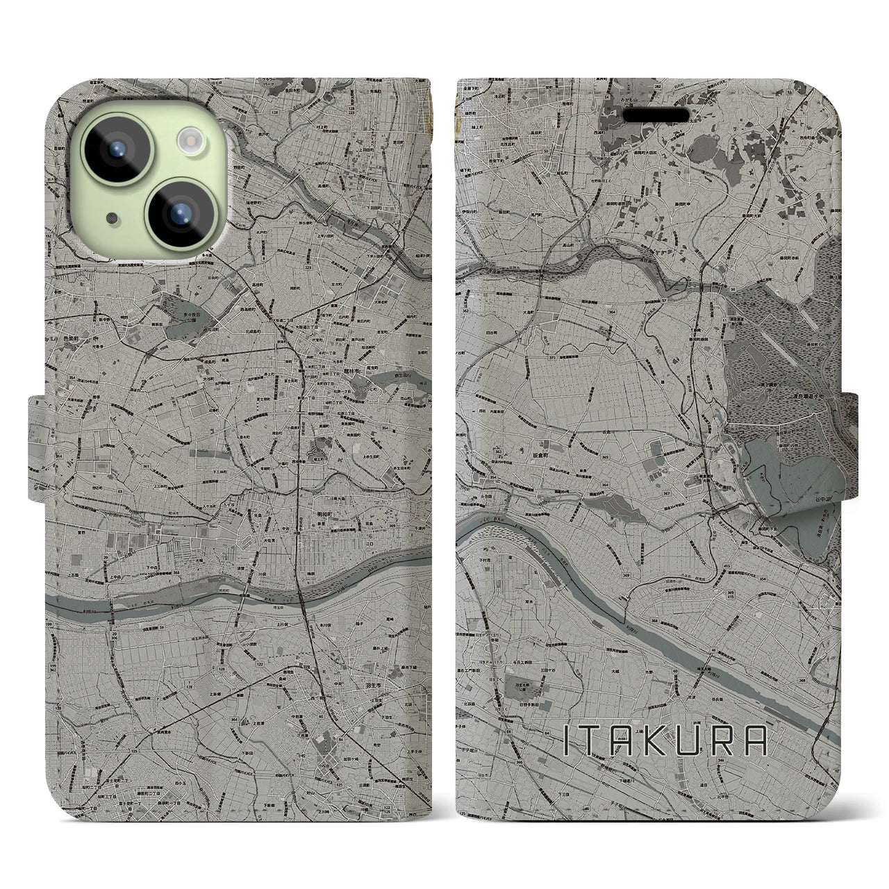【板倉(群馬県)】地図柄iPhoneケース(手帳タイプ)モノトーン・iPhone 15 用
