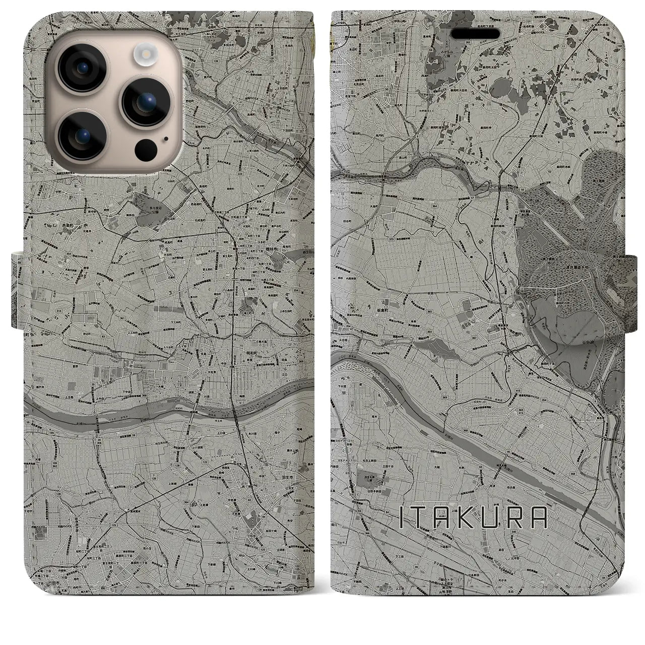 【板倉(群馬県)】地図柄iPhoneケース(手帳タイプ)モノトーン・iPhone 16 Plus 用