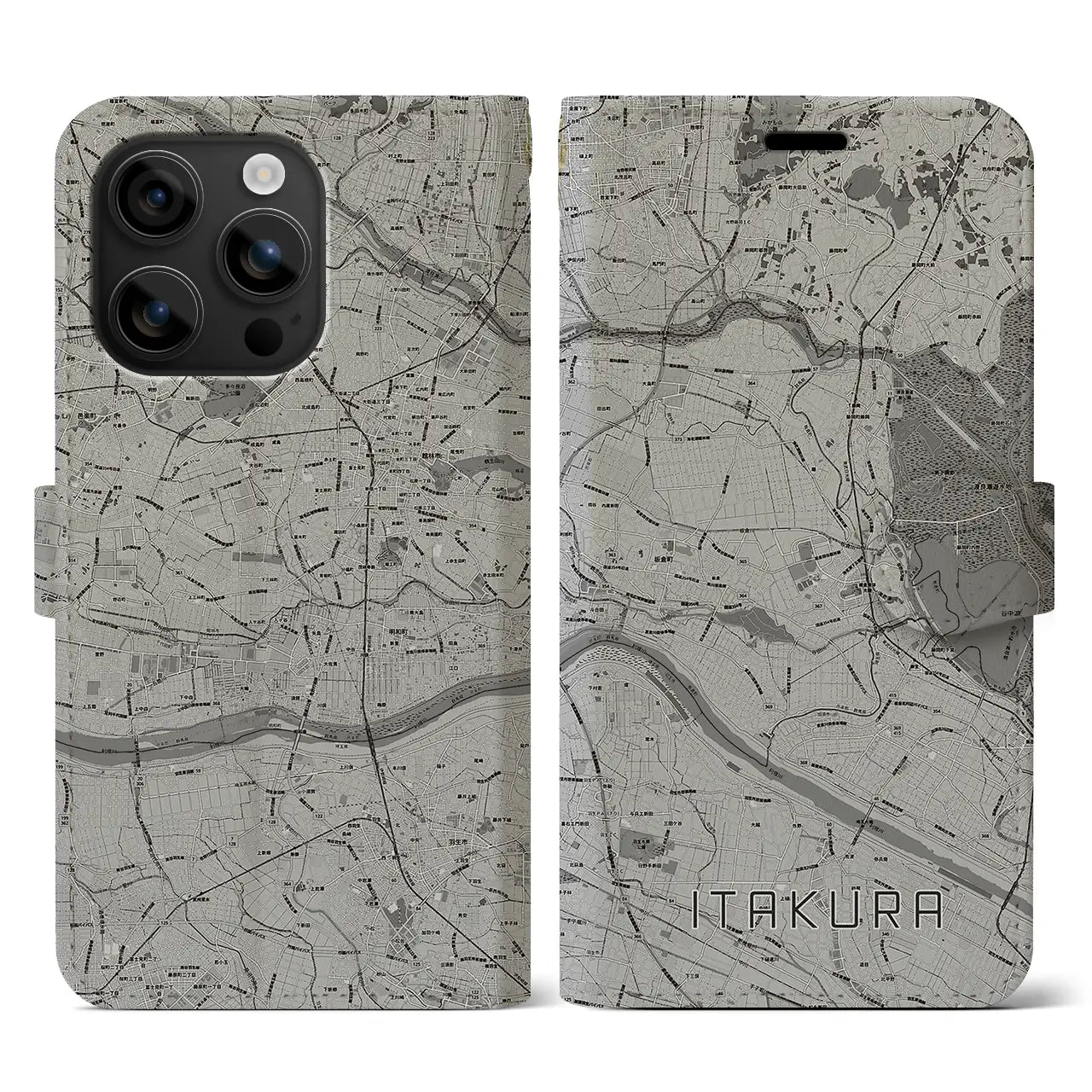 【板倉(群馬県)】地図柄iPhoneケース(手帳タイプ)モノトーン・iPhone 16 用