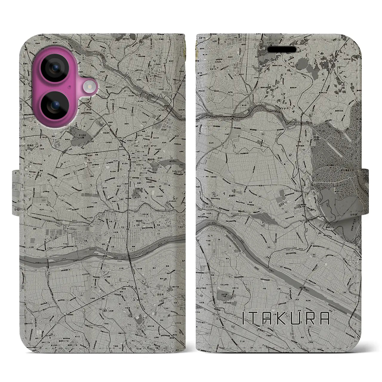 【板倉(群馬県)】地図柄iPhoneケース(手帳タイプ)モノトーン・iPhone 16 Pro 用