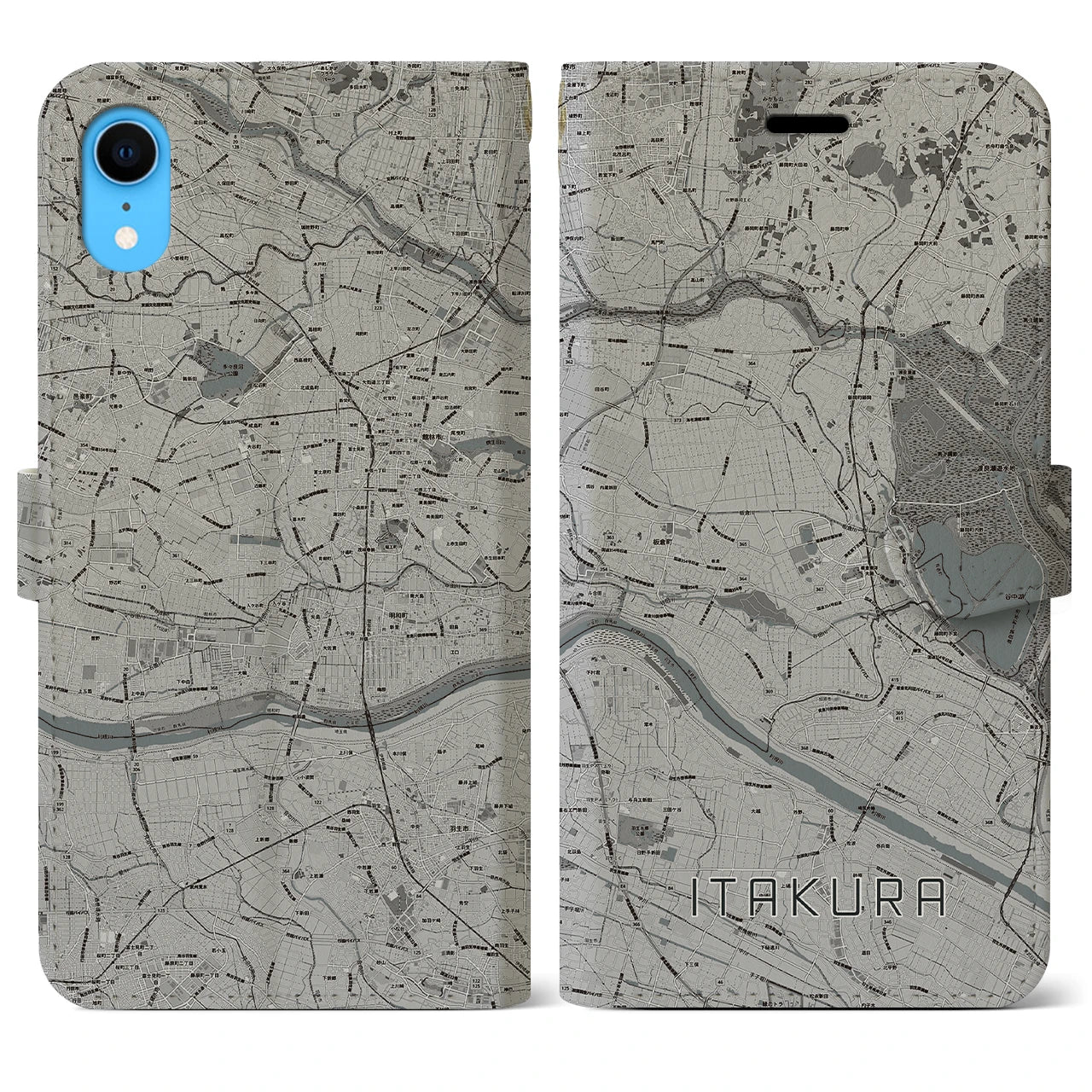【板倉(群馬県)】地図柄iPhoneケース(手帳タイプ)モノトーン・iPhone XR 用