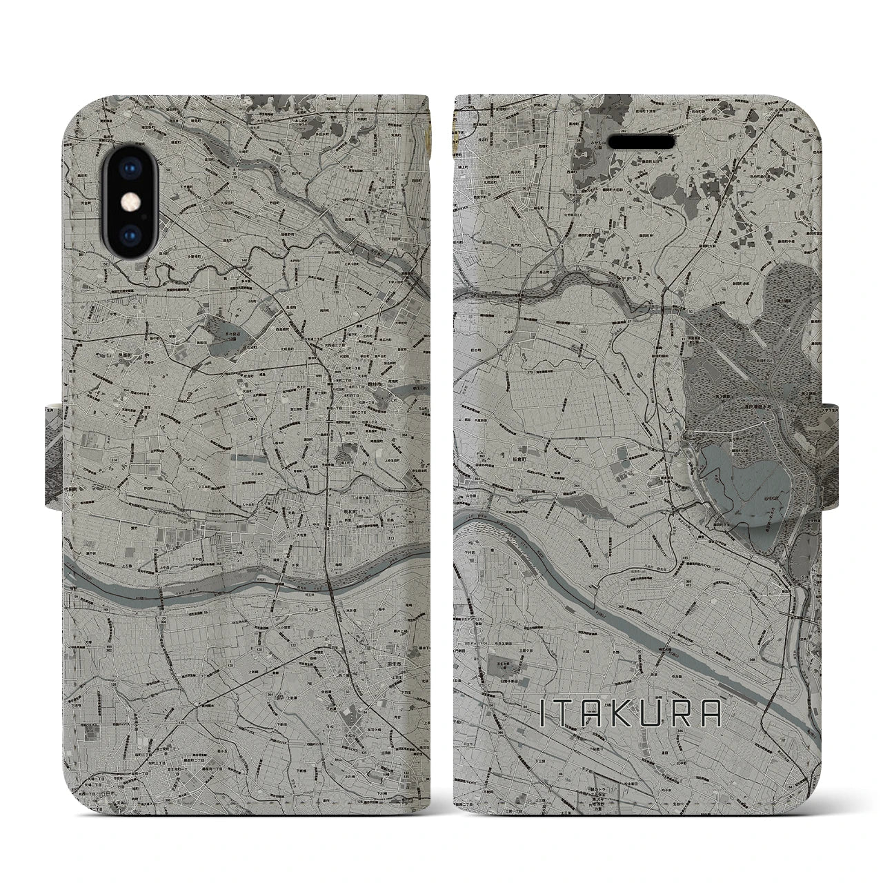 【板倉(群馬県)】地図柄iPhoneケース(手帳タイプ)モノトーン・iPhone XS / X 用