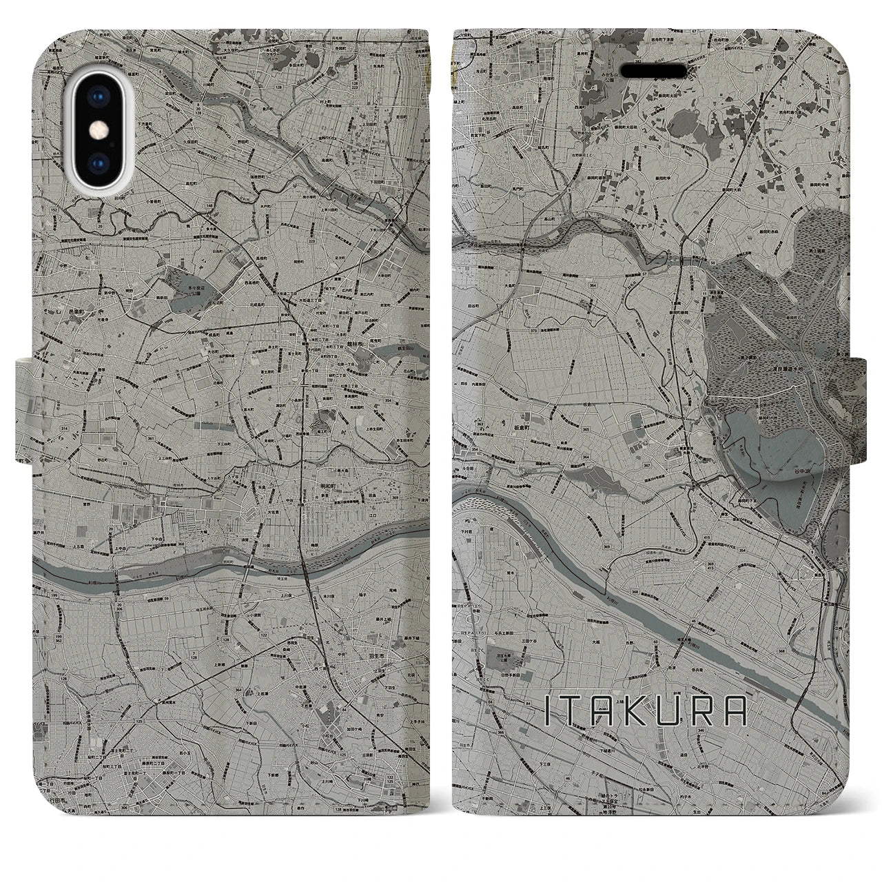 【板倉(群馬県)】地図柄iPhoneケース(手帳タイプ)モノトーン・iPhone XS Max 用