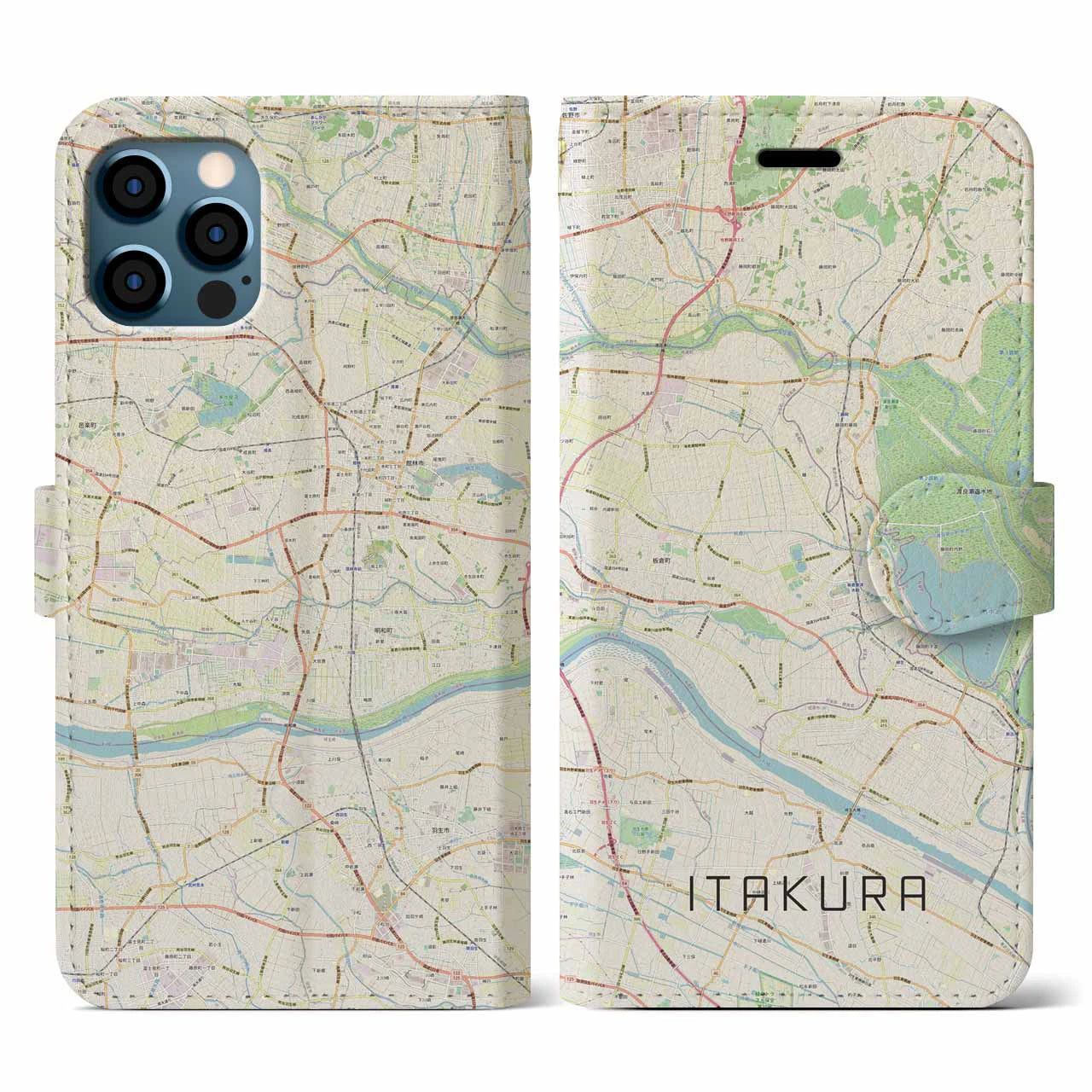【板倉(群馬県)】地図柄iPhoneケース(手帳タイプ)ナチュラル・iPhone 12 / 12 Pro 用