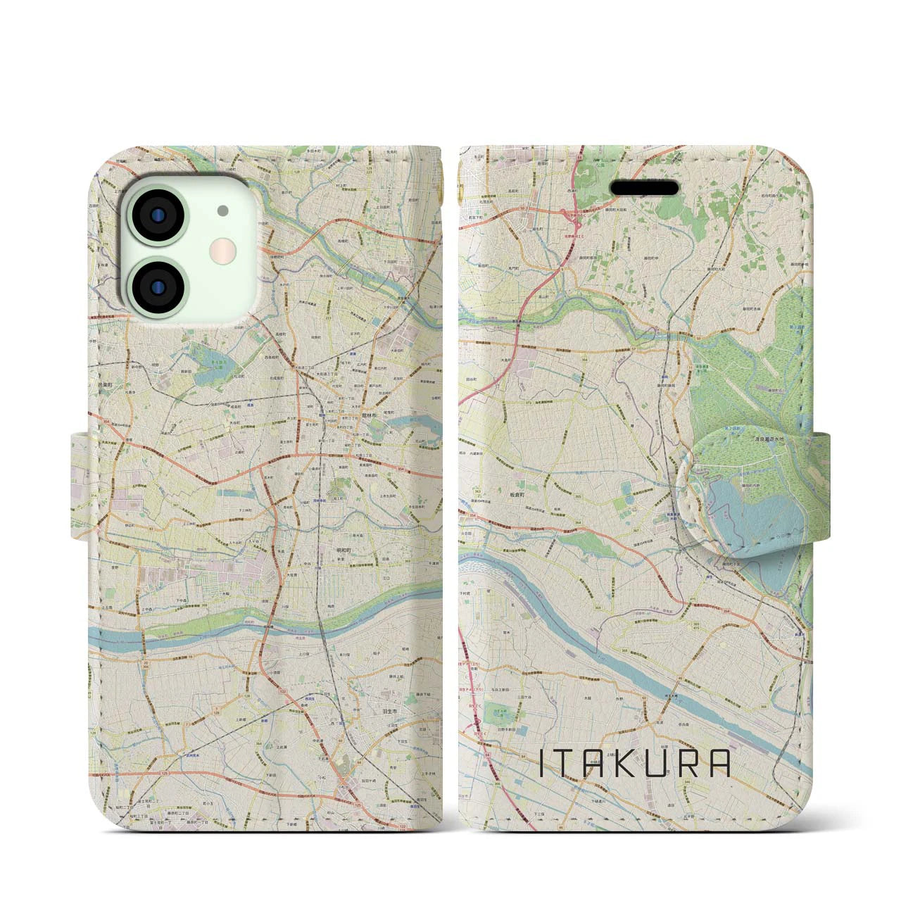 【板倉(群馬県)】地図柄iPhoneケース(手帳タイプ)ナチュラル・iPhone 12 mini 用