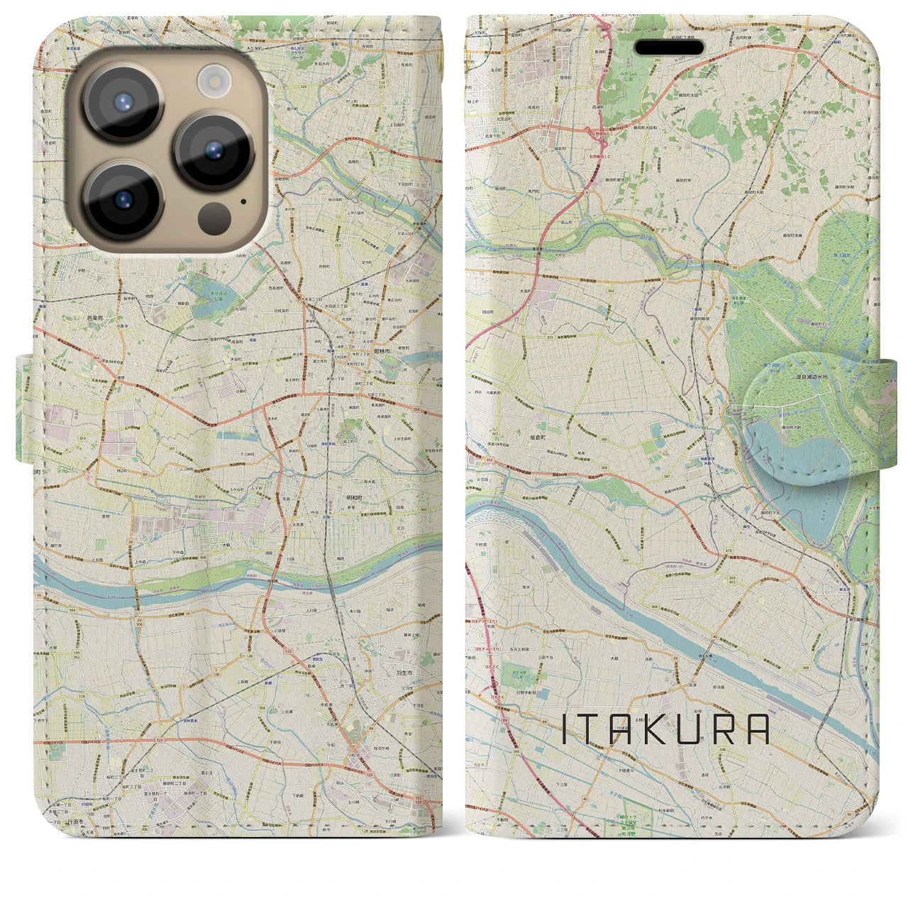 【板倉(群馬県)】地図柄iPhoneケース(手帳タイプ)ナチュラル・iPhone 14 Pro Max 用