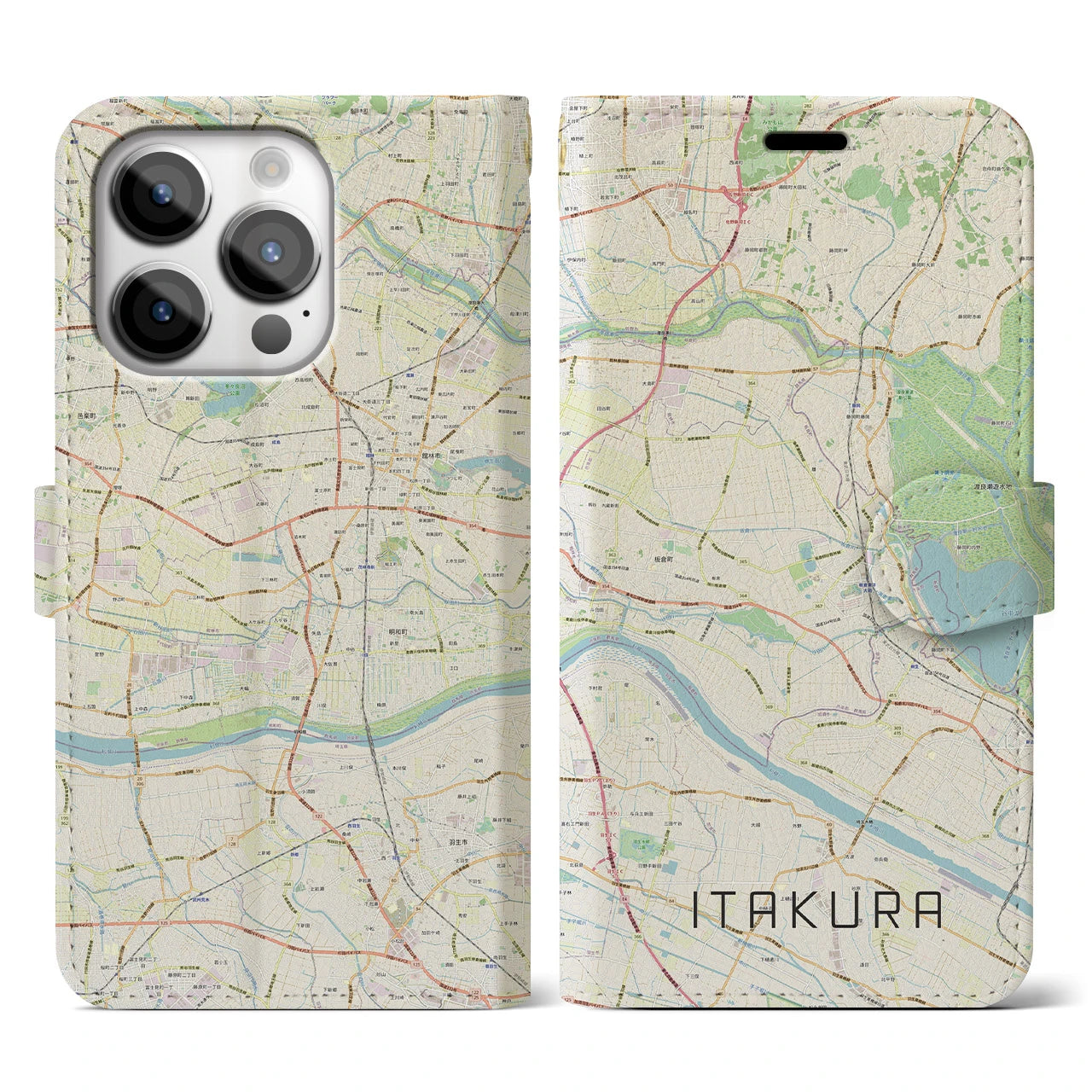 【板倉(群馬県)】地図柄iPhoneケース(手帳タイプ)ナチュラル・iPhone 14 Pro 用