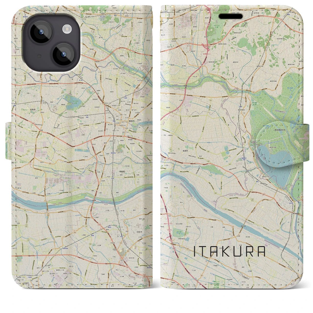 【板倉(群馬県)】地図柄iPhoneケース(手帳タイプ)ナチュラル・iPhone 14 Plus 用