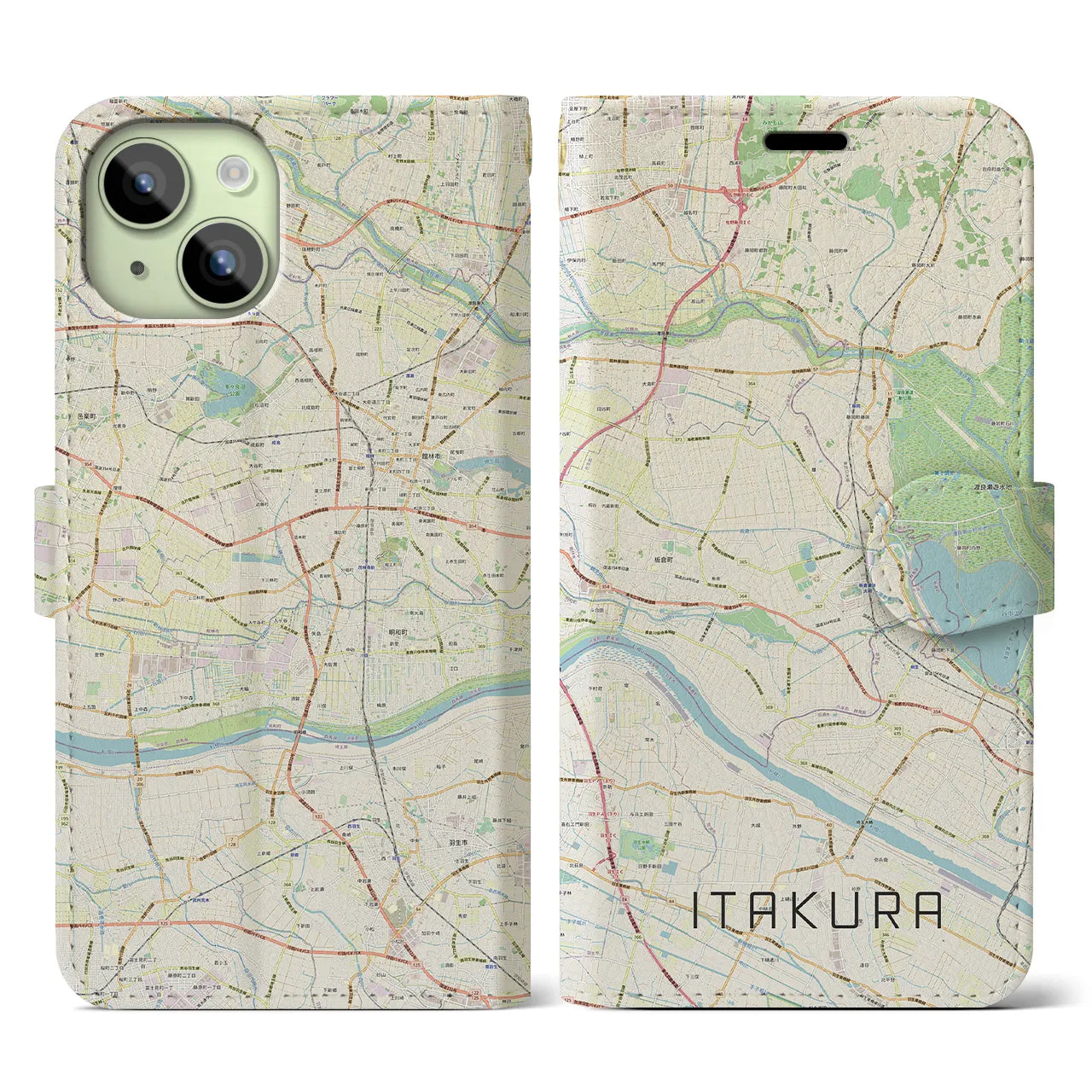 【板倉(群馬県)】地図柄iPhoneケース(手帳タイプ)ナチュラル・iPhone 15 用