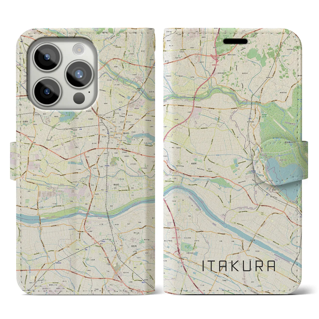 【板倉(群馬県)】地図柄iPhoneケース(手帳タイプ)ナチュラル・iPhone 15 Pro 用