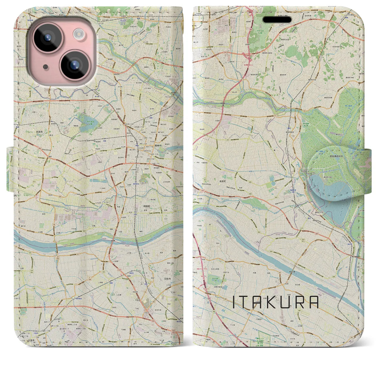 【板倉(群馬県)】地図柄iPhoneケース(手帳タイプ)ナチュラル・iPhone 15 Plus 用