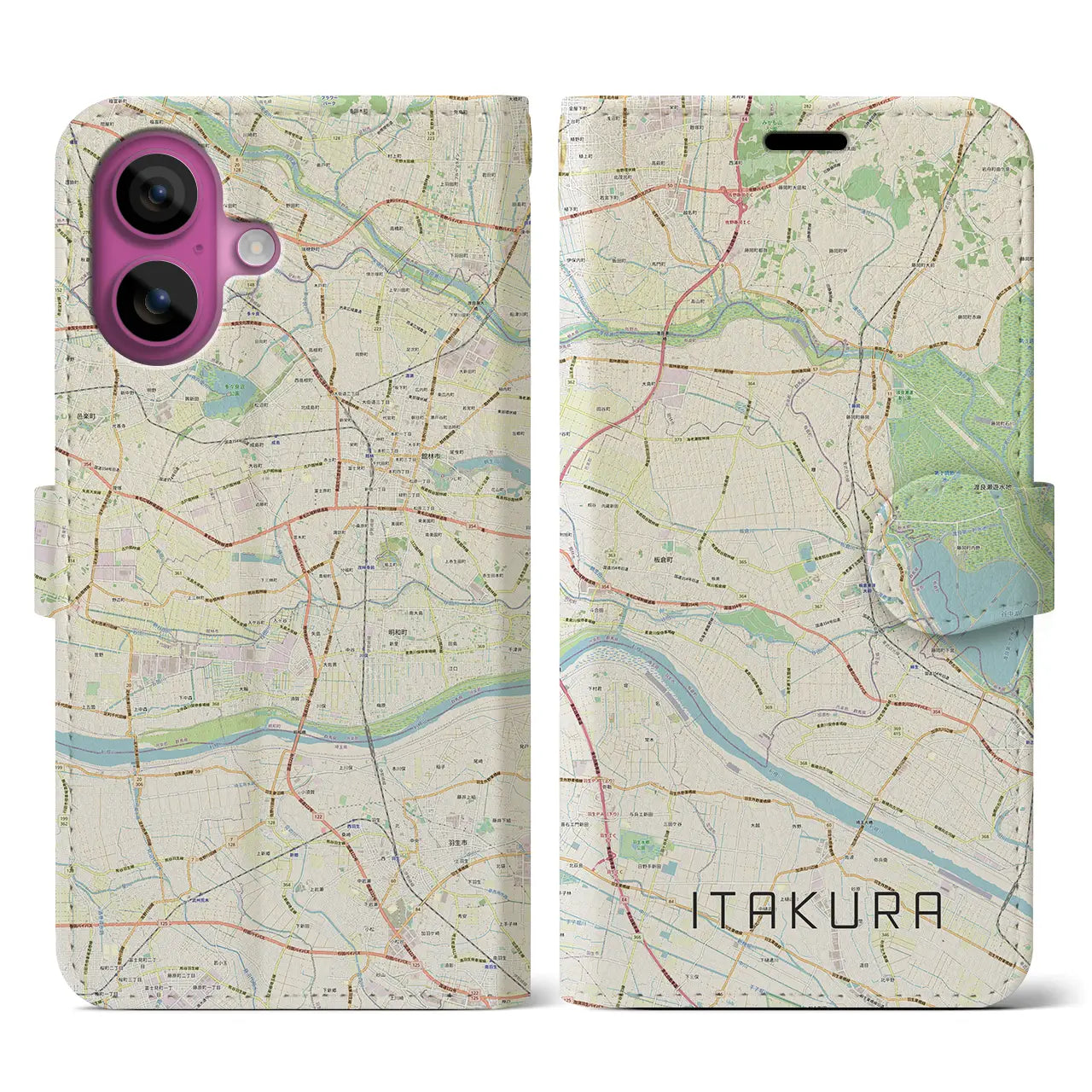 【板倉(群馬県)】地図柄iPhoneケース(手帳タイプ)ナチュラル・iPhone 16 Pro 用