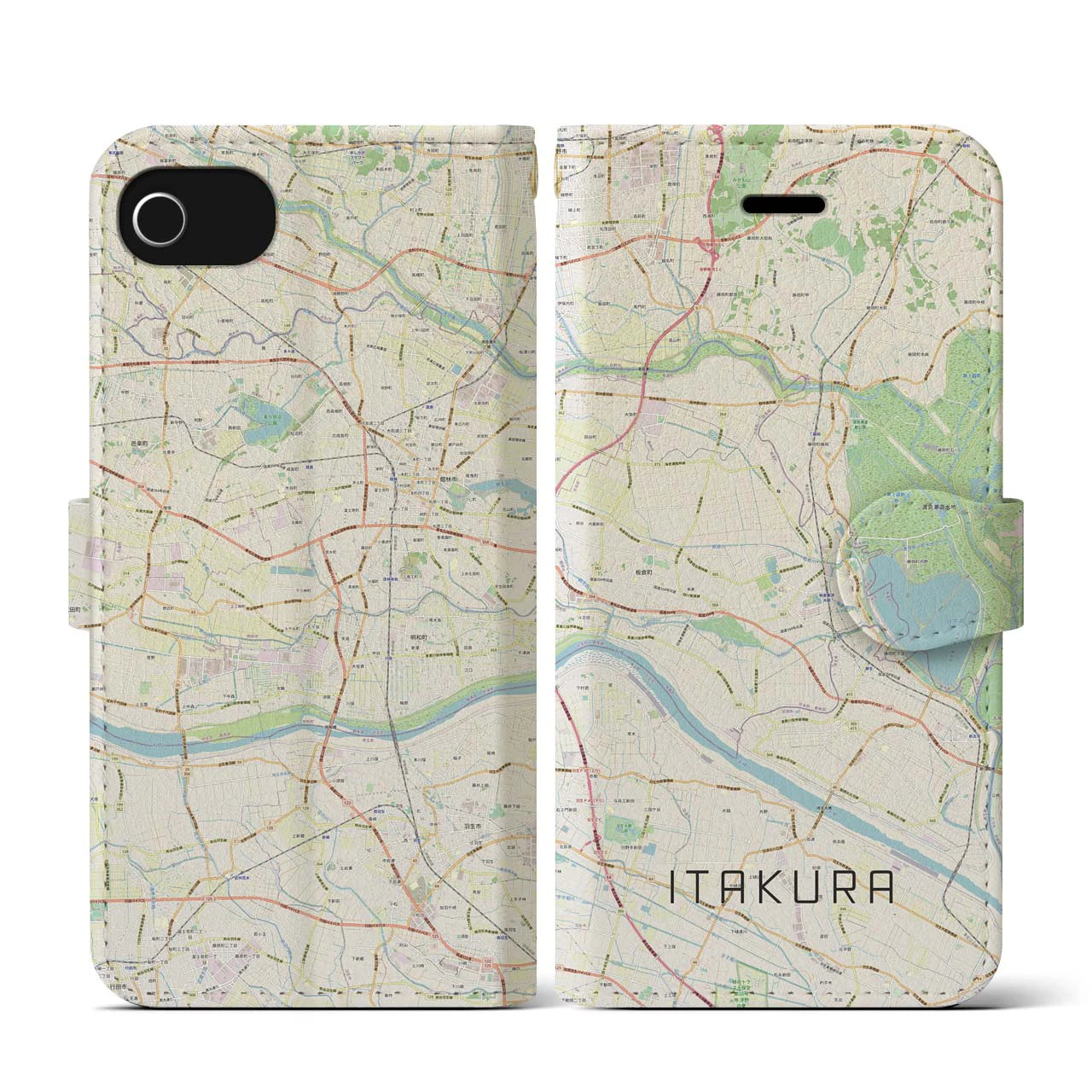 【板倉(群馬県)】地図柄iPhoneケース(手帳タイプ)ナチュラル・iPhone SE(第3 / 第2世代) / 8 / 7 / 6s / 6 用