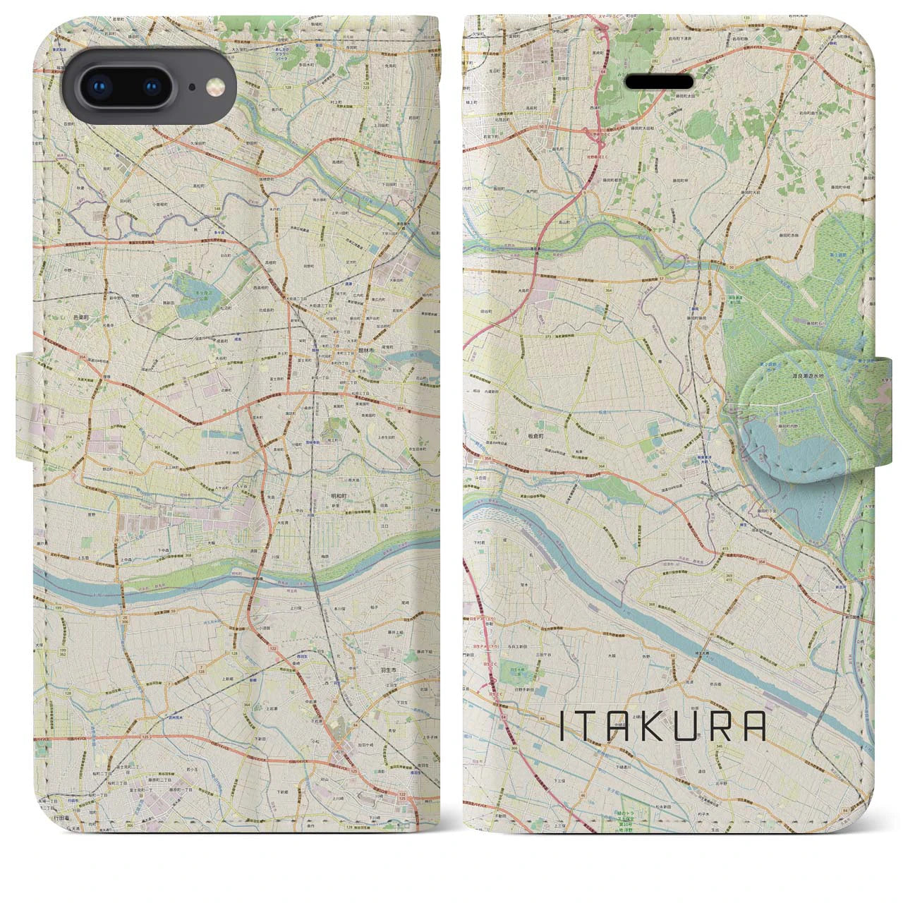 【板倉(群馬県)】地図柄iPhoneケース(手帳タイプ)ナチュラル・iPhone 8Plus /7Plus / 6sPlus / 6Plus 用