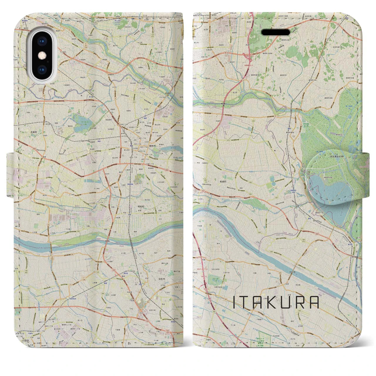 【板倉(群馬県)】地図柄iPhoneケース(手帳タイプ)ナチュラル・iPhone XS Max 用