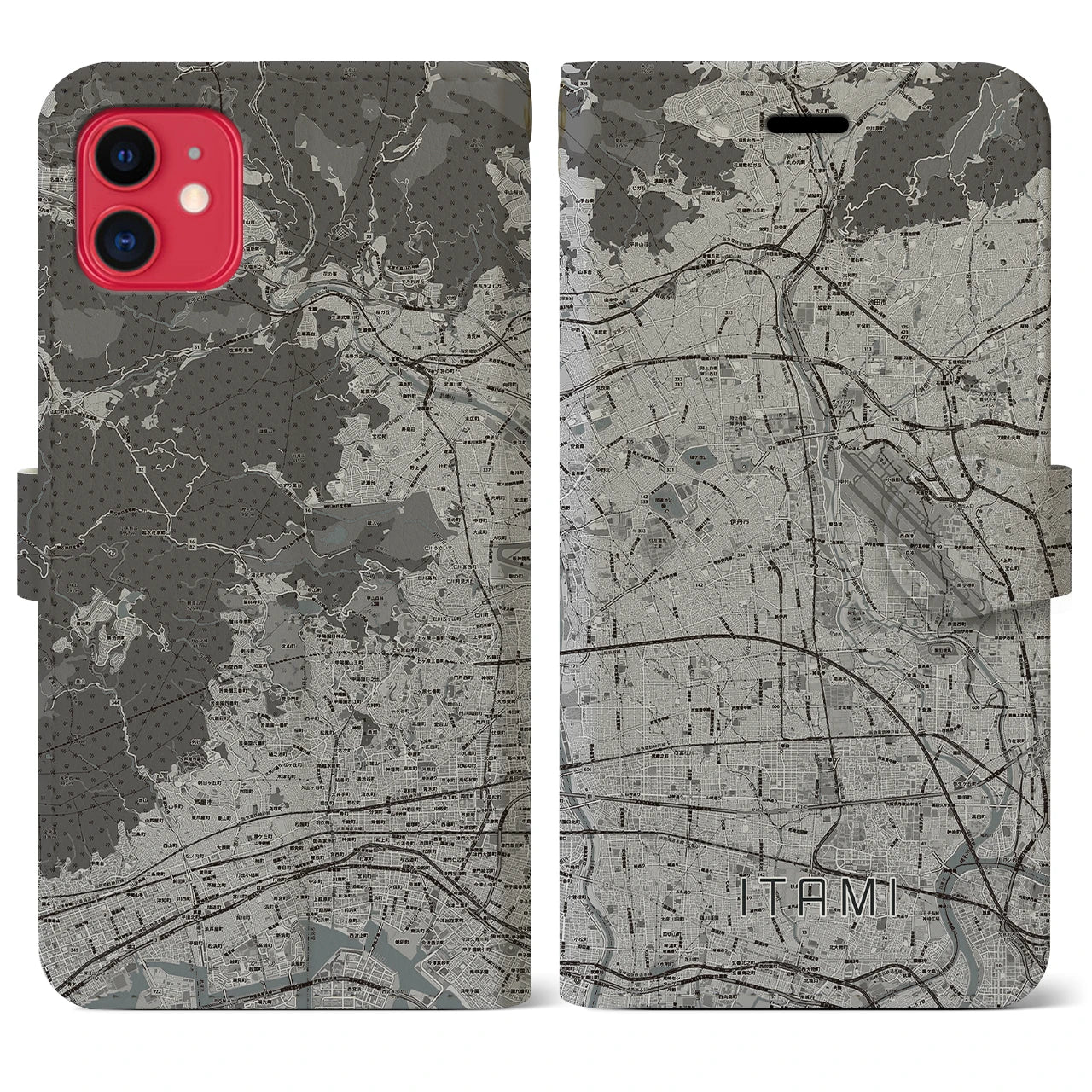 【伊丹(兵庫県)】地図柄iPhoneケース(手帳タイプ)モノトーン・iPhone 11 用