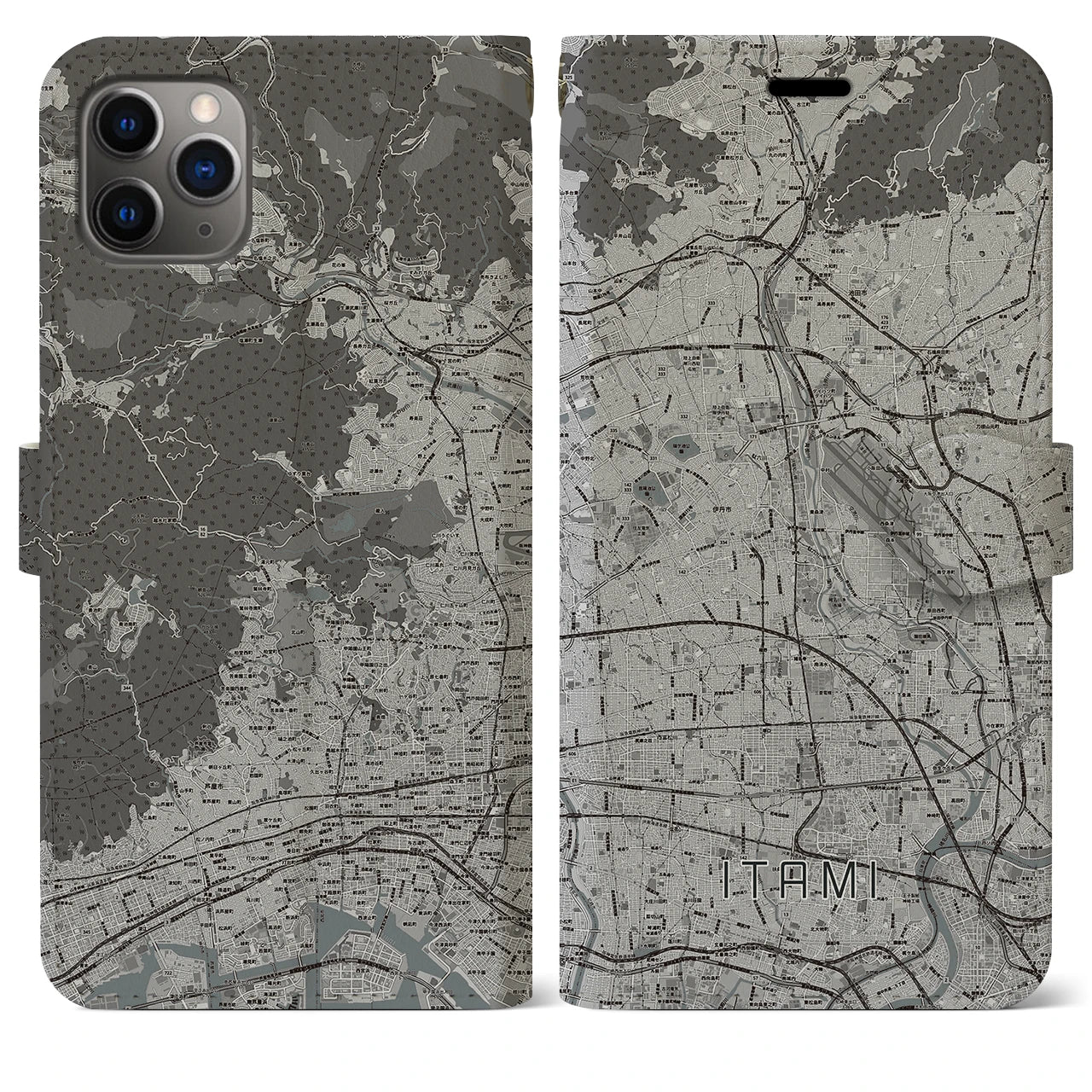【伊丹(兵庫県)】地図柄iPhoneケース(手帳タイプ)モノトーン・iPhone 11 Pro Max 用